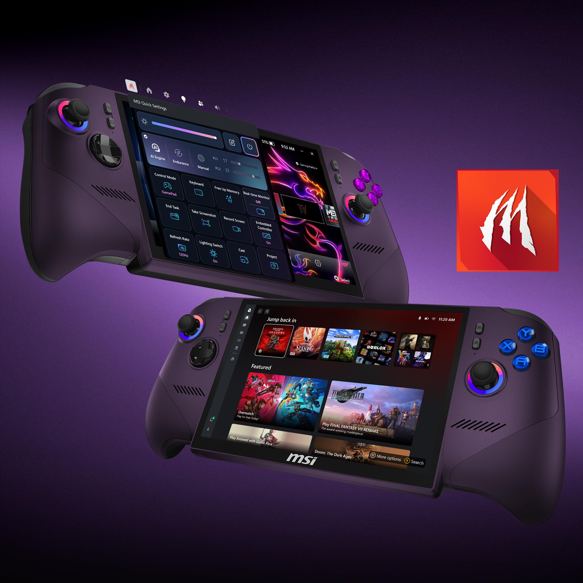 MSI Claw 8 EX AI+ Gaming Handheld, Launch Pack, 8 Zoll FHD+ 120 Hz Display, Intel® Arc™ G3 Extreme Prozessor, 32 GB RAM, 1 TB SSD, Intel® Arc™ GPU B390, Windows 11 Home, Void Purple, CG3EM-015