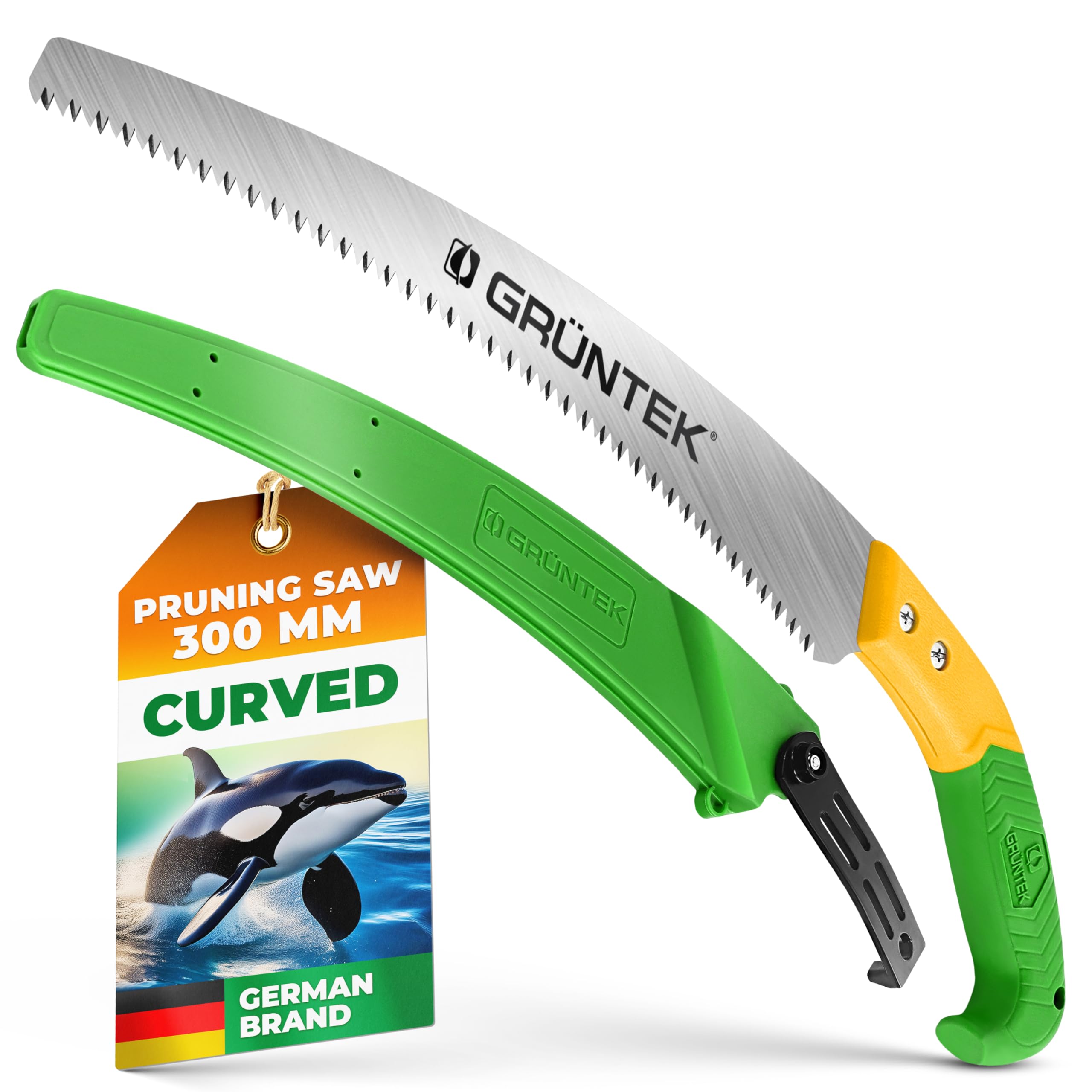 Grüntek 2. Orca Green / Yellow Orca Curved Pruning Saw 330 Mm – Triple-Edge Hand Saw With Soft Grip & 7 Tpi Blade – Rugged Case For Gardening, Wood Cutting & Camping