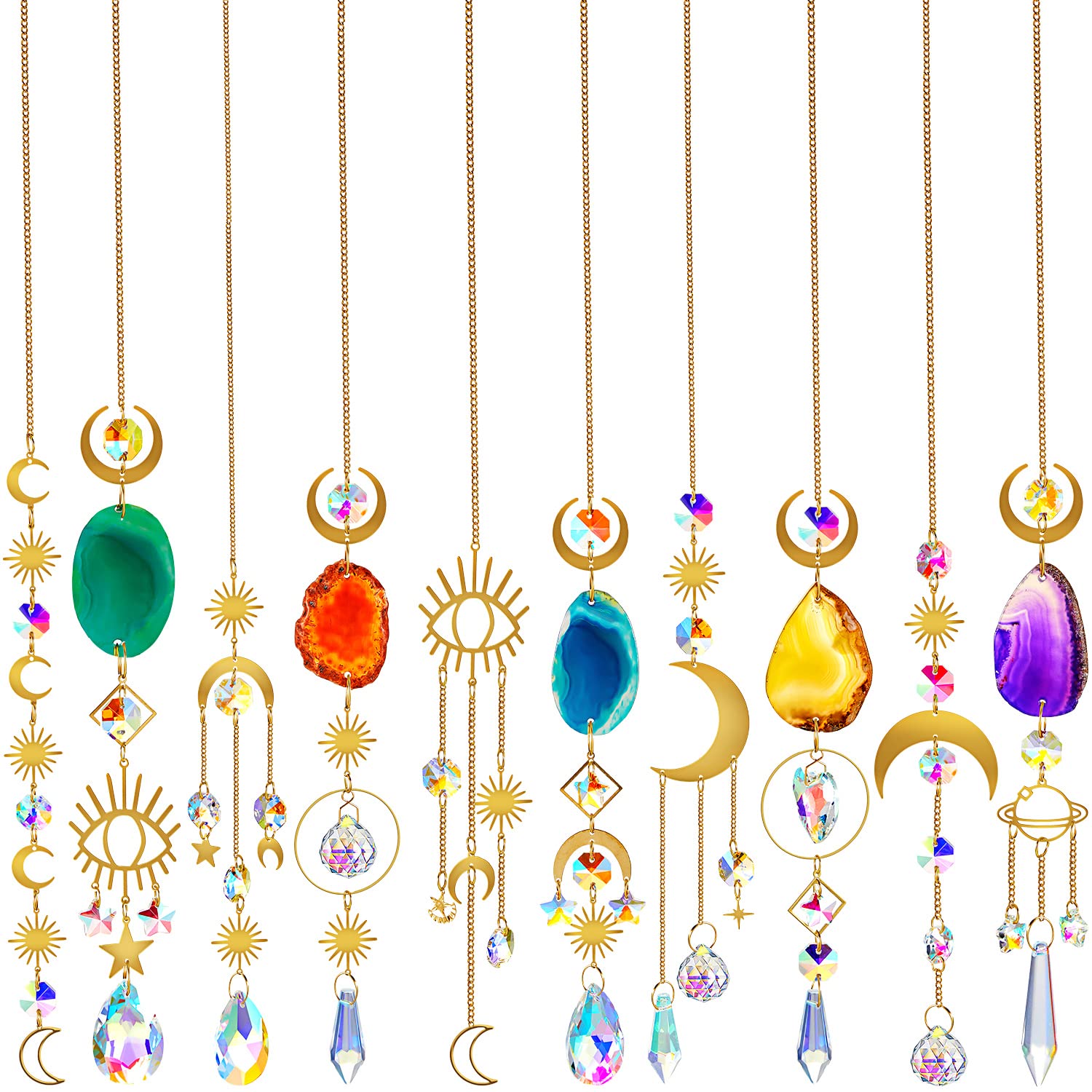 10 Pcs Agate Slices Crystal Suncatcher Garden Home Hanging Sun Catcher Rainbow Window Decor Colorful Wind Chimes Ornaments Decor Car Pendant Prism for Wedding Christmas Party Decoration