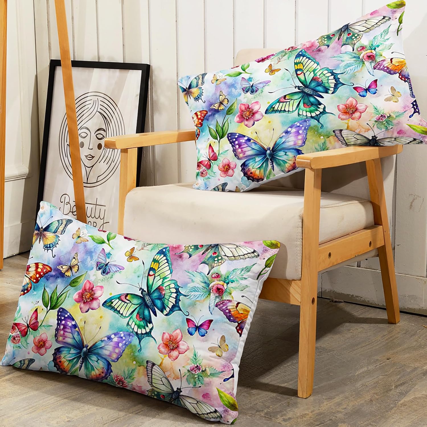 AILONEN Colorful Butterfly Fitted Sheet Set Twin Size, Watercolor Floral Bedding Set for Girls Women,Natural Butterfly Bed Sheet Set,1 Fitted Sheet + 2 Pillowcases,3Pcs