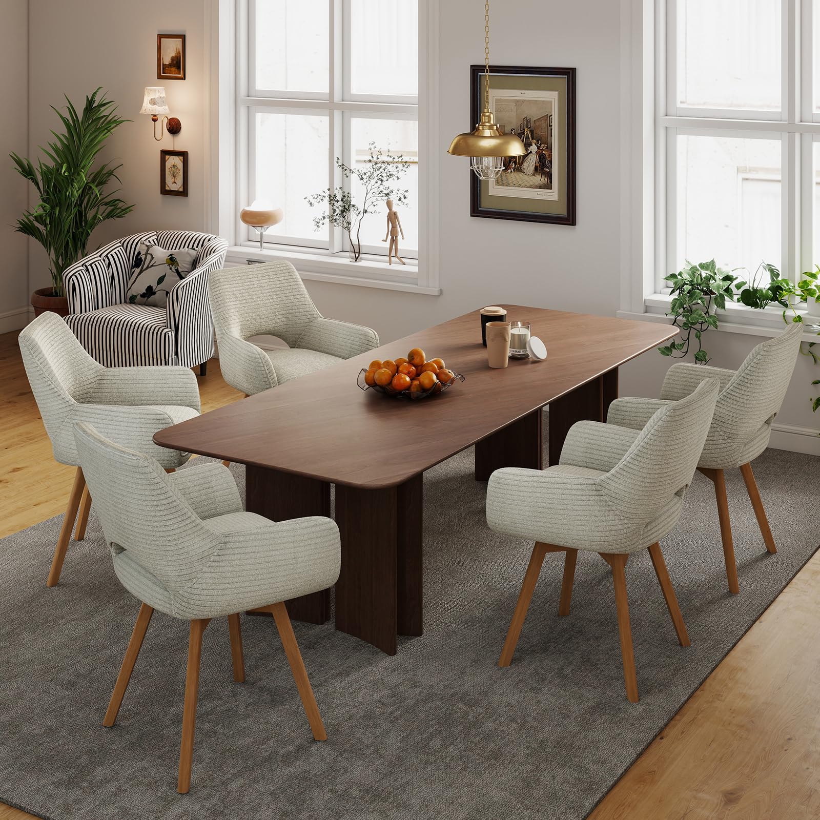 JIJIAN Juego de 2 Sillas de Comedor Giratorias 360°, Beige | Silla de Cocina con Reposabrazos, Patas de Madera, Silla Tapizada Moderna de Terciopelo de Canalé para Cocina, Comedor, Salón
