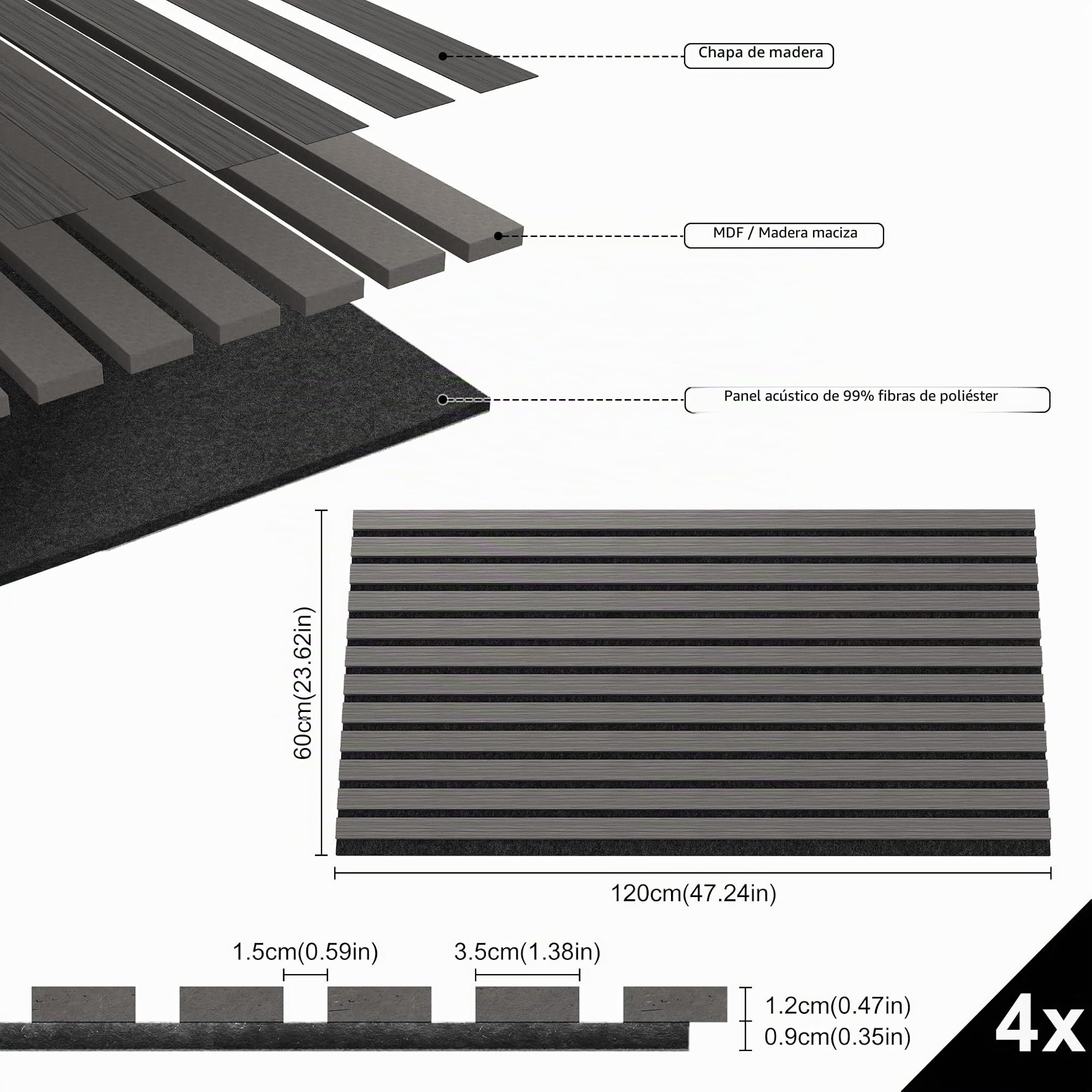 Froadp Juego de 4 paneles acústicos de pared de chapa de madera, 120 x 60 cm, revestimiento de láminas recortables, paneles acústicos de madera para salón, estudio, oficina, antracita