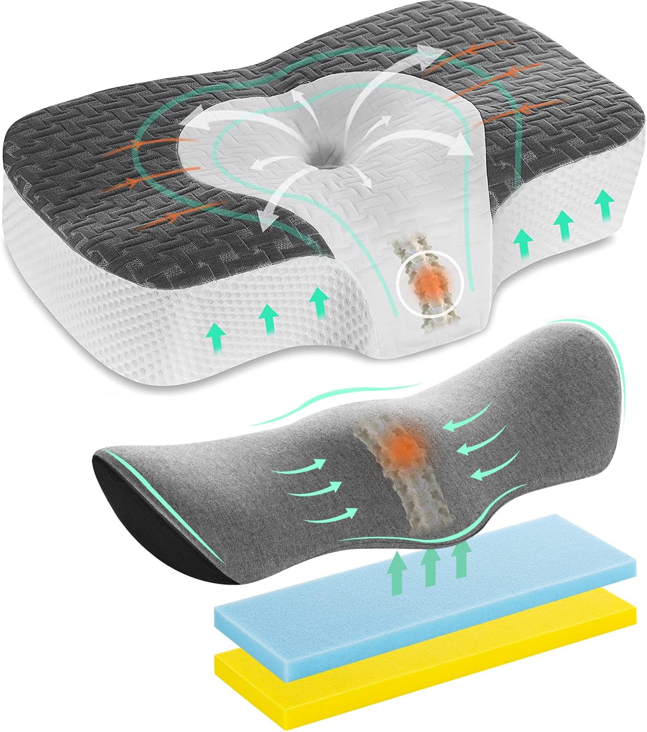 Elviros Cervical Memory Foam Neck Pillow for Side Sleeping, Lumbar Support Pillow