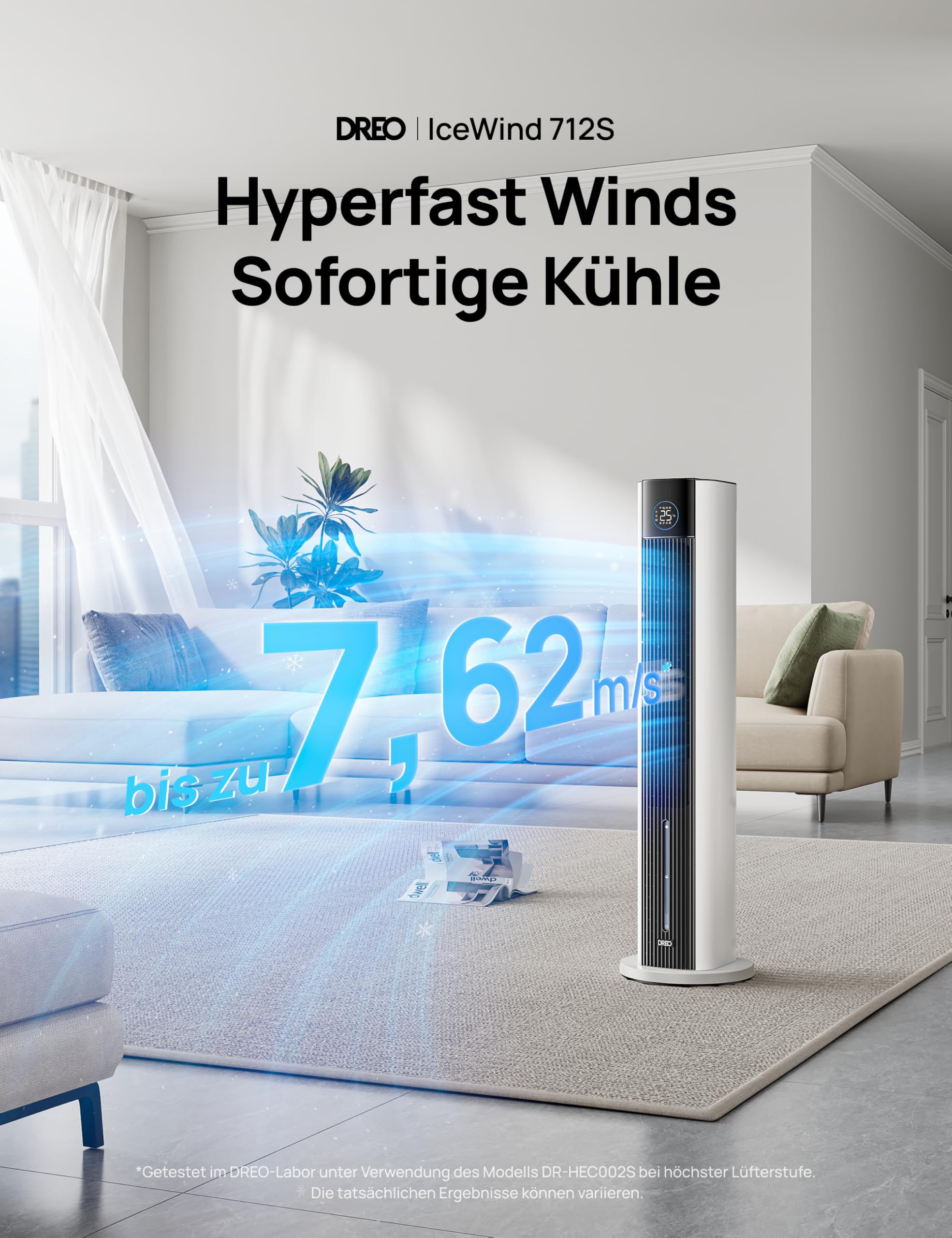 DREO Turmventilator mit Wasserkühlung, 110 cm Luftkühler mit Wasserkühlung Leise, 4-Geschwindigkeiten-4-Modi Verdunstungskühler, APP-Steuerung, Eisbeutel, 80° Oszillation, 12-Std. Timer, Weiß