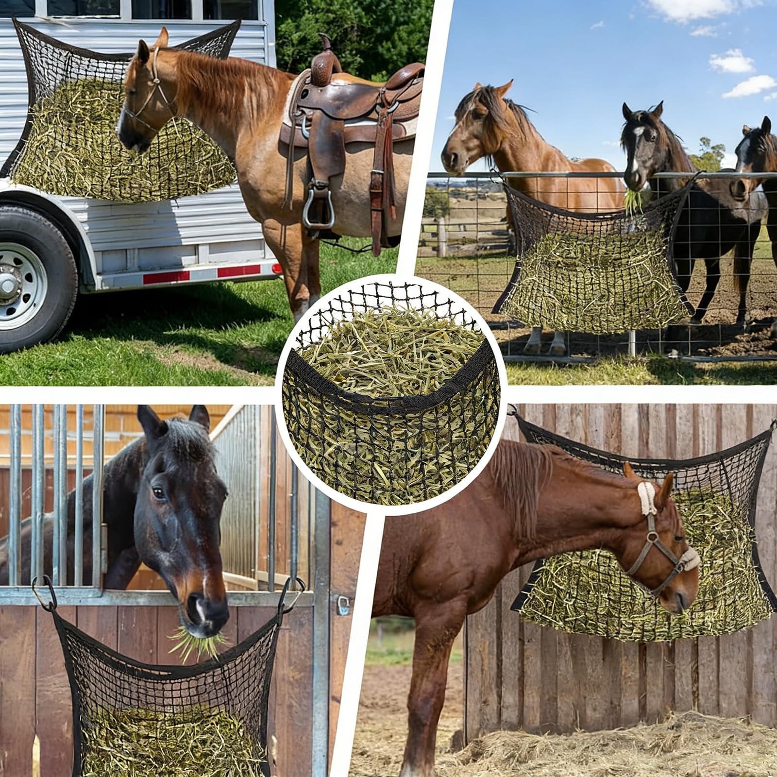 Heunetz für Pferde, langsames Füttern, 90 x 120 cm, robuster Heusack, Polyester-Netz mit Polypropylen-Kanten, idealer Futterspender für Pferde, Ponys, Ziegen, Schafe und Esel, perfekt für Anhänger