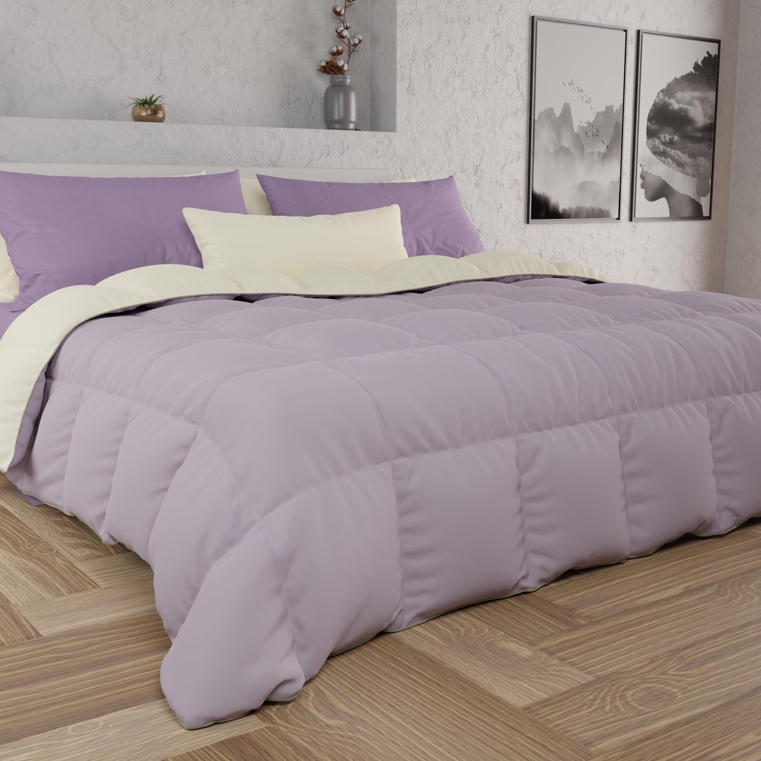 PETTI Artigiani Italiani Winterbettdecke 240x260 cm Mikrofaser 300 g/m² Wendedecke Creme/Lila