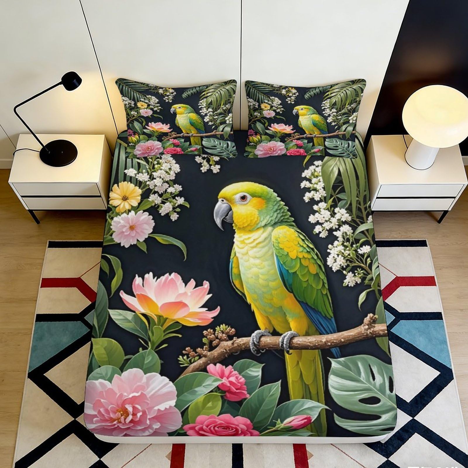 Uxinyoume Style-6 3D Printed Parrot Floral Fitted Sheet Microfiber Soft Breathable Botanical Bed Cover For Bedroom Guest Room Decor 90X200x25cm