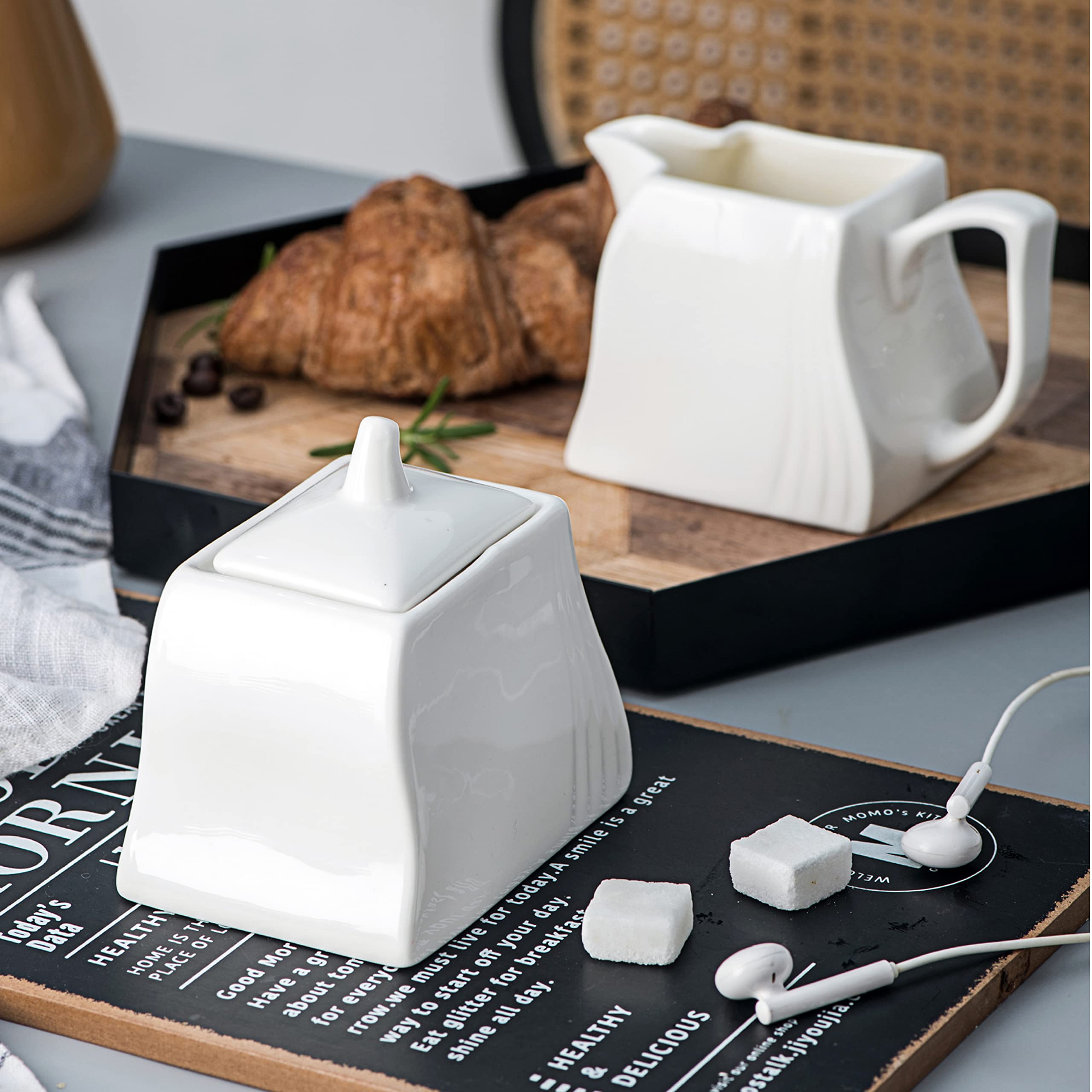 MALACASA | Porcelana leche y azúcar Set 3 TLG, azucarero y jarra de leche, azucarero con tapa y jarra de leche, recipiente para leche y azucarero, recipiente de azúcar blanco, serie AMPARO
