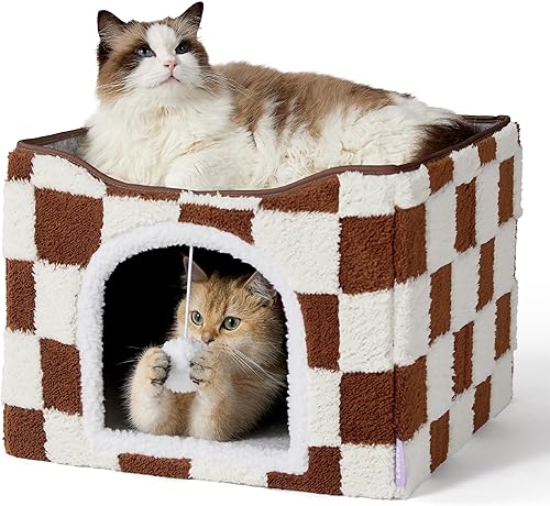Miniatura 10 de LE SURE Camas para Gatos de Interior Casa para Gatitos - Cueva Grande para Gatos Cubo para Mascotas con Pelota Esponjosa Colgante, Escondite Pequeño