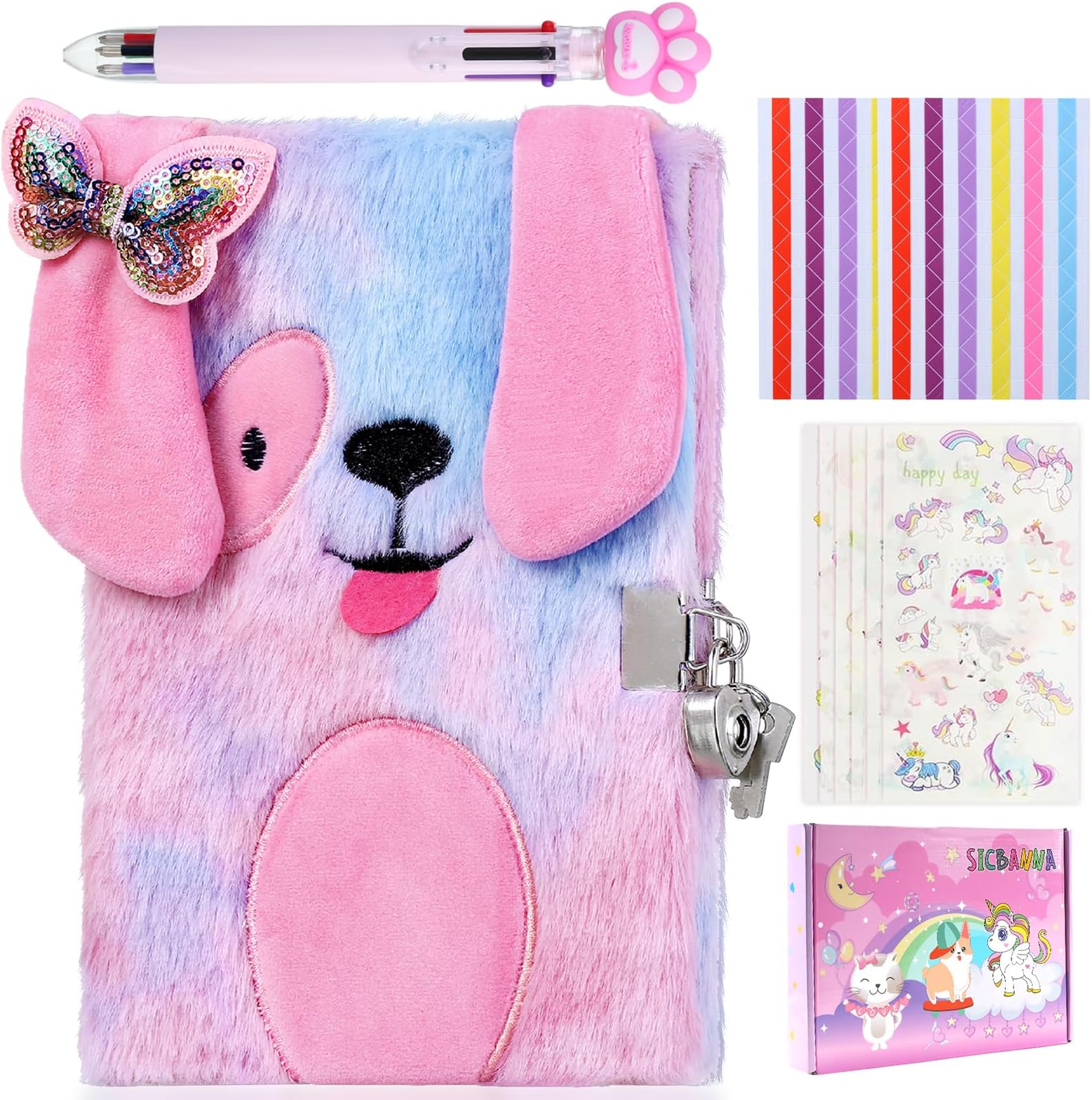 Sicbabna Plush Dog Secret Diary with Lock and Keys, Notebook Diary Lined Travel Journal for Kids Girls for Writing and Drawing 80 Sheet, Size A5 (8.4" x 5.8")