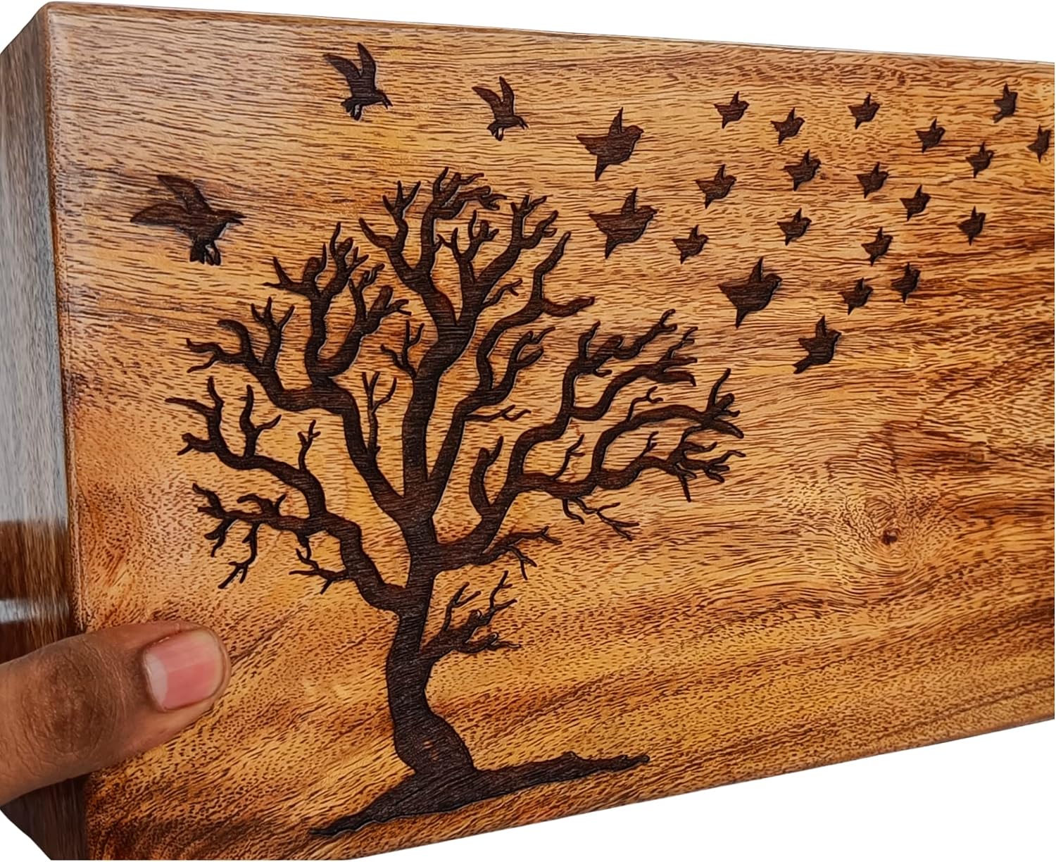 Handcrafted Tree of Life Hardwood Cremation Urn Box for Human Ashes - Large Wooden Adult Urn Box