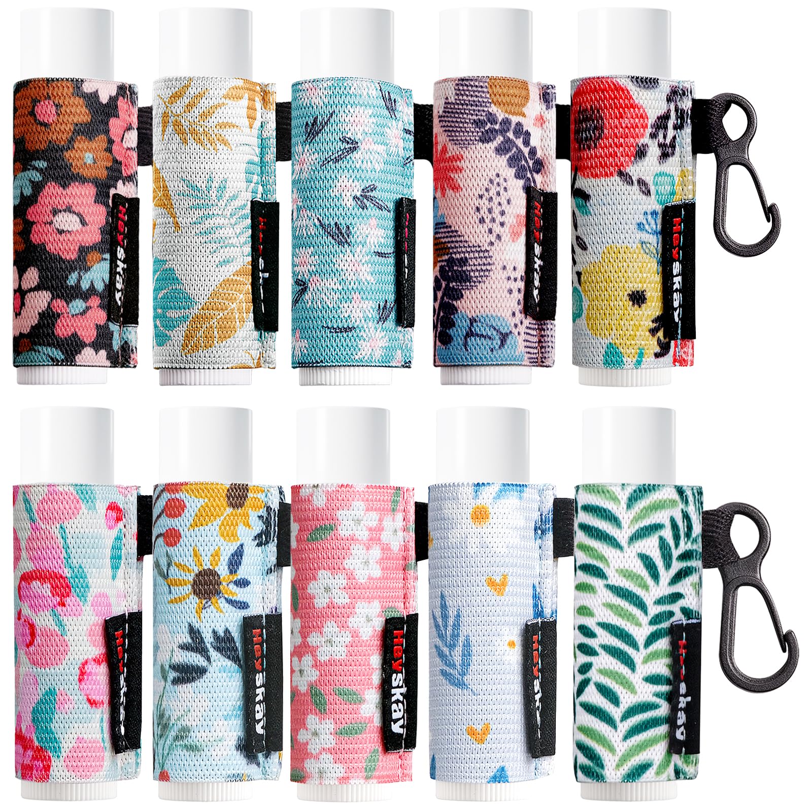 HEYSKAY 10PCS Lip Balm Holder Sleeves Keychain Compact Clip On Lipstick Chapstick Lip Gloss Elastic Sleeves, Floral Patterns
