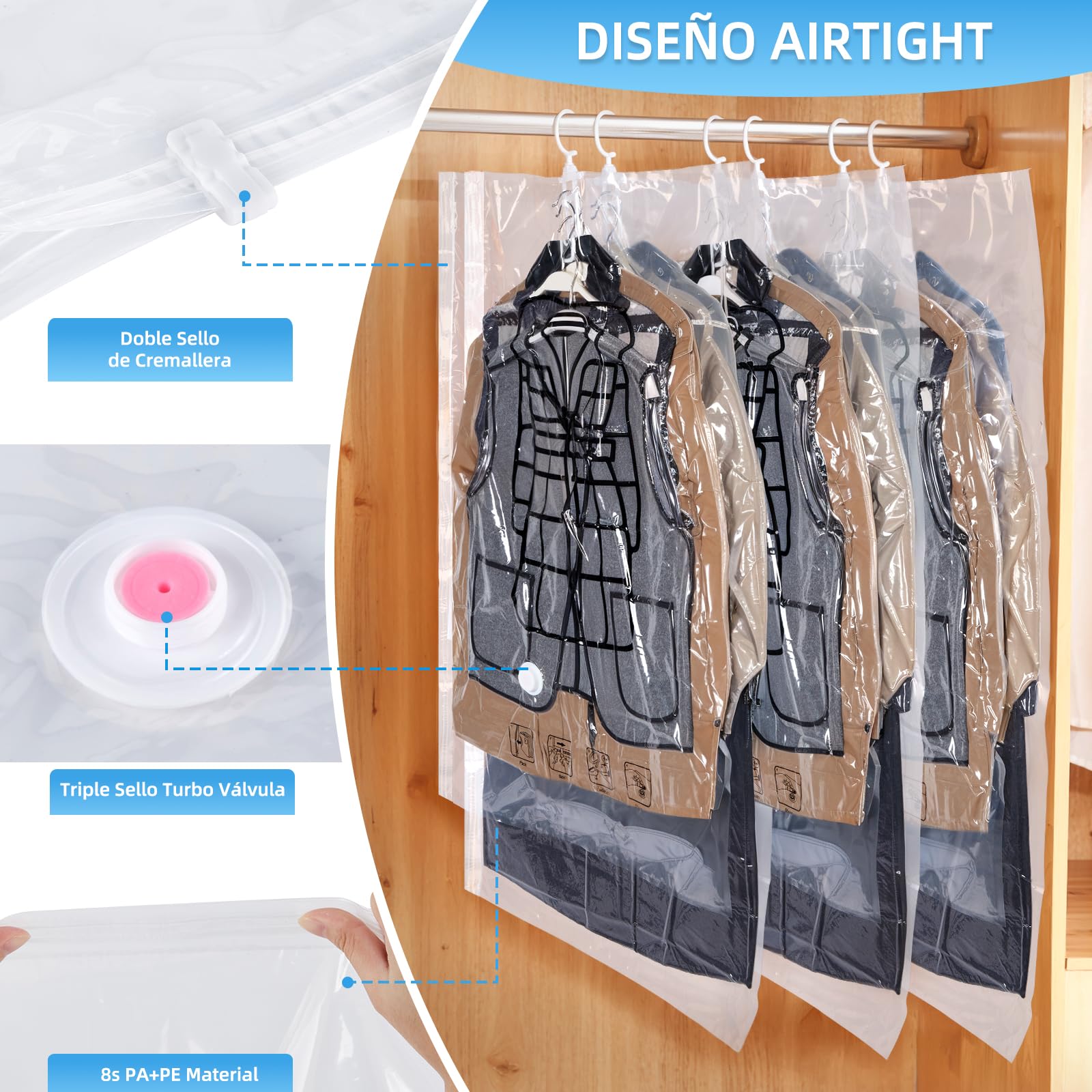 AGPTEK 6 Bolsas Vacío Colgantes para Trajes y Abrigos con Bomba Eléctrica, Ahorra 80% Espacio, Material PA+PE 8 Mil Reutilizable para Viaje y Almacenamiento Ropa