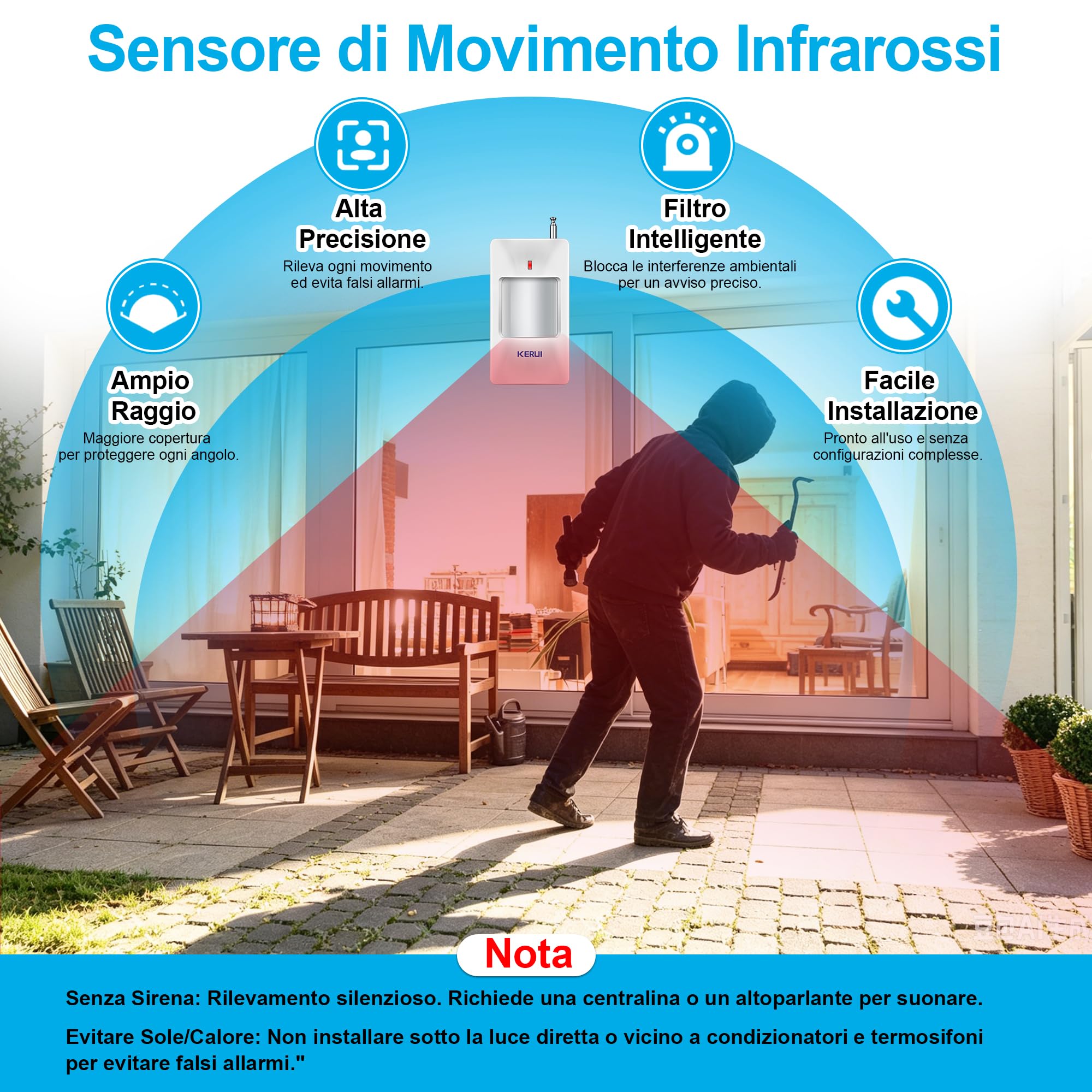 Sistema di allarme WiFi, 120 dB, sistema di allarme radio per la sicurezza domestica, con 2 sensori di movimento e telecomando per capannoni e garage
