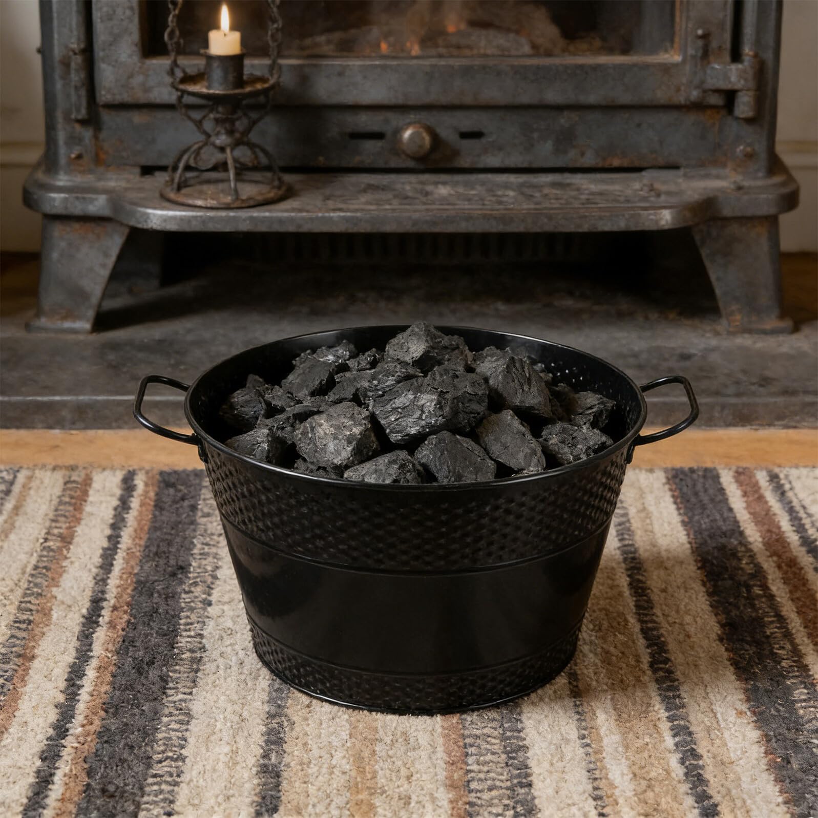 Sosoport Cubo de Almacenamiento de Carbón de Hierro Negro con Asas Dobles, Leñero Metálico para Chimenea Interior, Contenedor para Cenizas y Leña, 33 X 33 X 19 Cm, Soporte Práctico