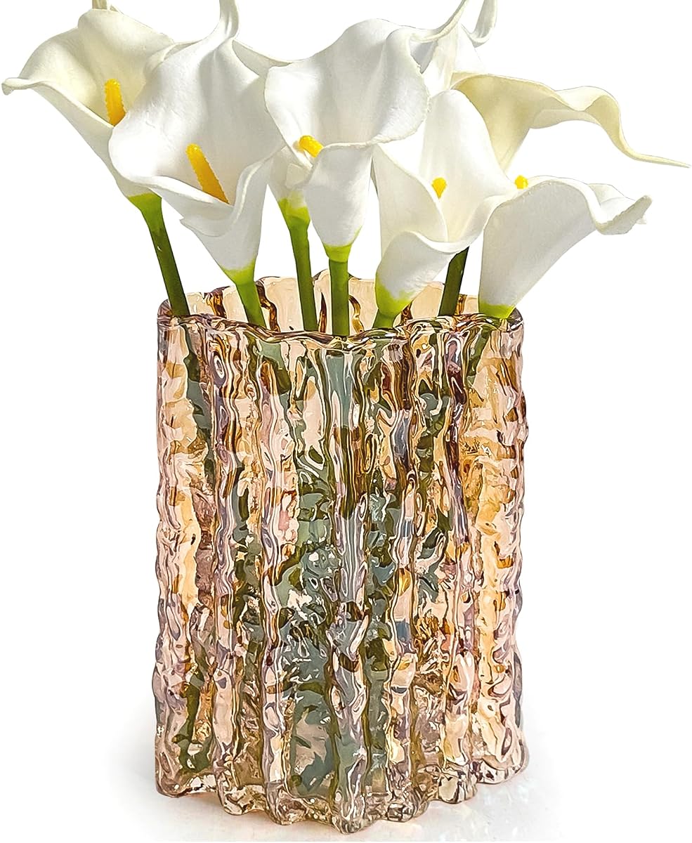 Aoderun Glass Vase Crystal Vase Heavy Duty Large Flower Vase for Dining Table Kitchen Office Home Shelf Wedding Living Room Centerpieces(Amber)
