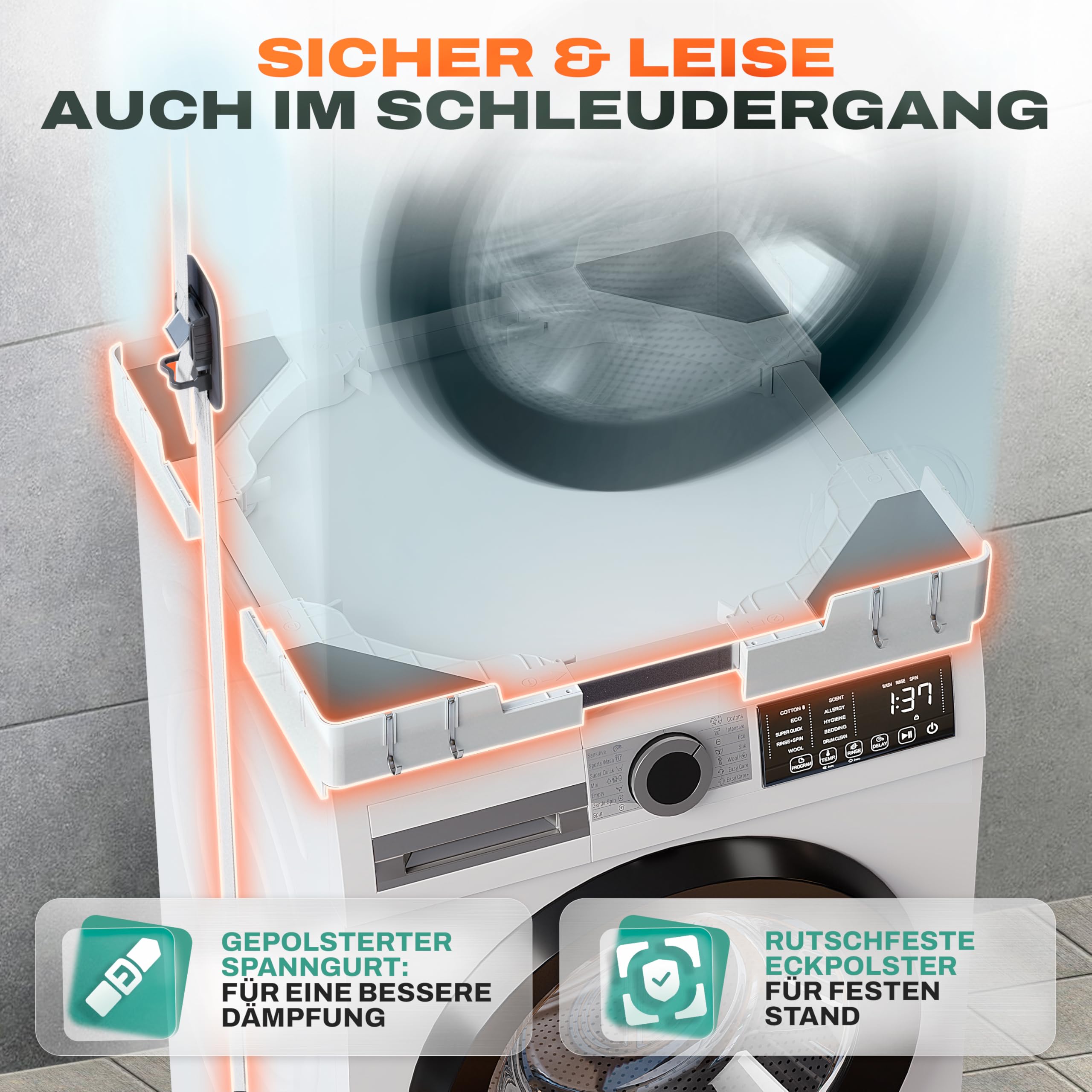 Der verstellbare Zwischenbaurahmen Trockner Waschmaschine (universal 46-66cm) inkl. 4x Haken - Waschmaschinen Verbindungsrahmen (400kg Belastung) - Trockner auf Waschmaschine stellen Verbindungsrahmen
