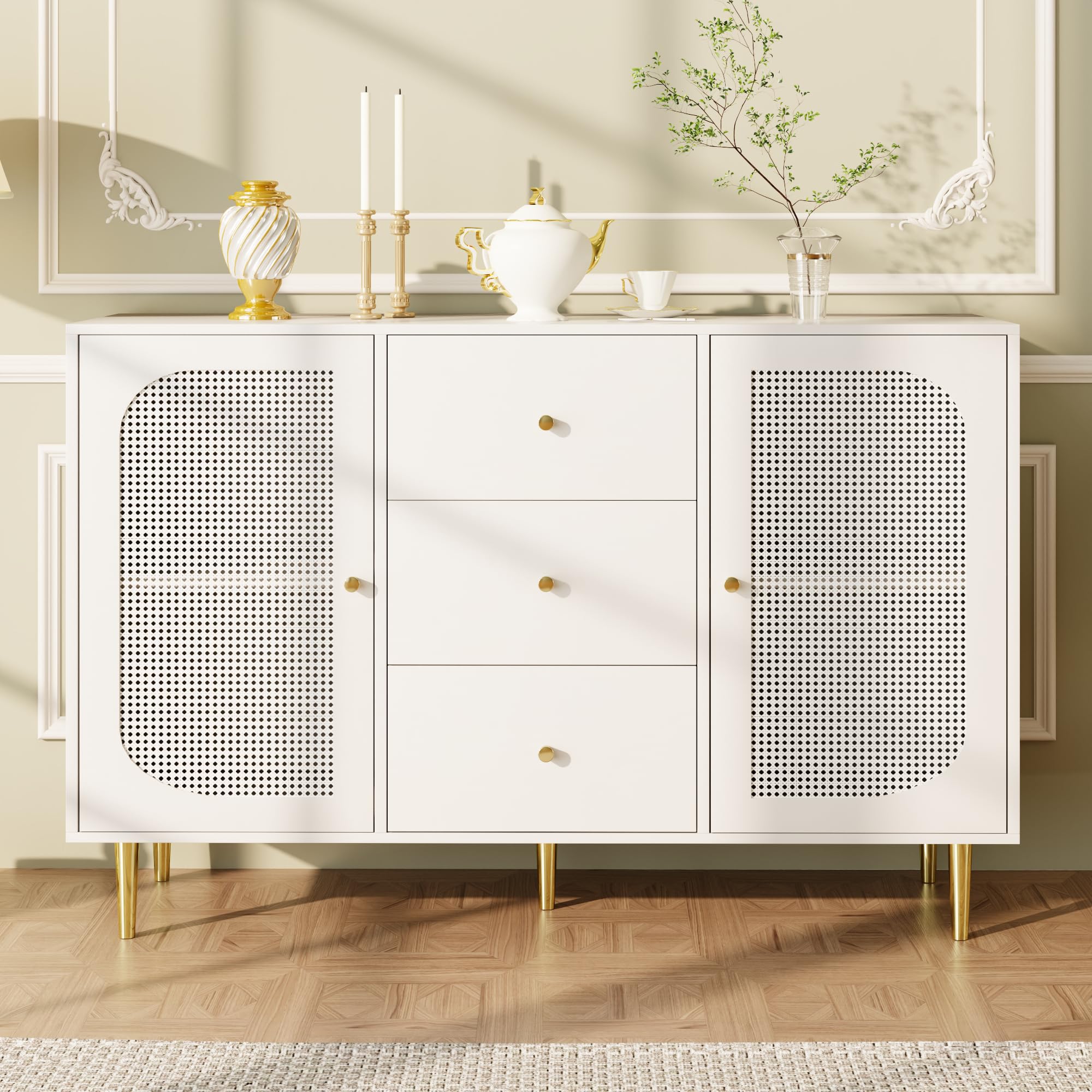 Merax - Buffet Moderne Avec 4 Portes En Rotin Synthétique Et Poignées Métal, Blanc, Pour Salon/salle à Manger