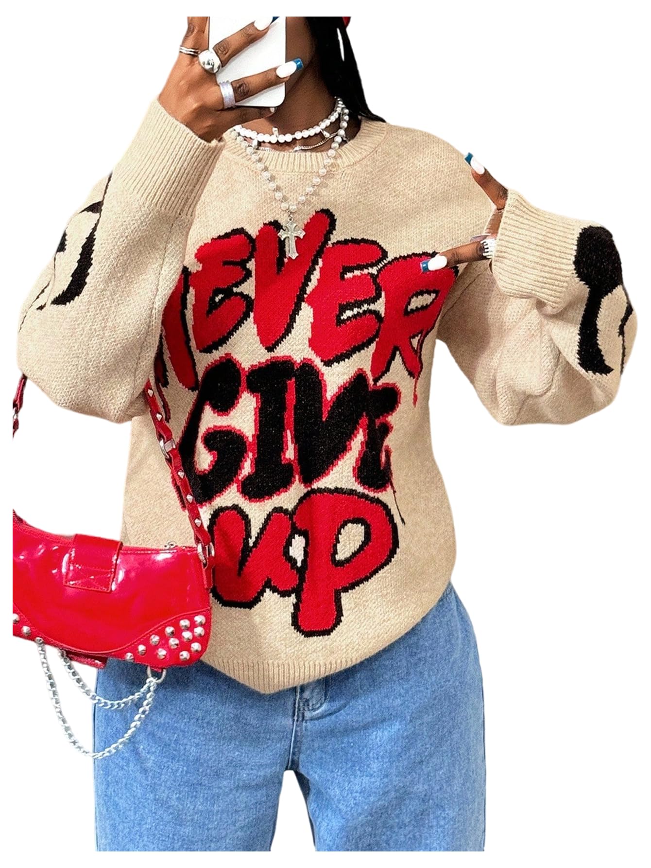 Womens Letter Graphic Sweaters Crew Neck Long Sleeve Oversized Knitted Pullover Top