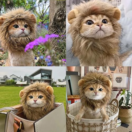 Miniatura 7 de Disfraces de Halloween para gatos, peluca de melena de león para gatos y cachorros, ropa de cosplay ajustable para mascotas, trajes de gatito para