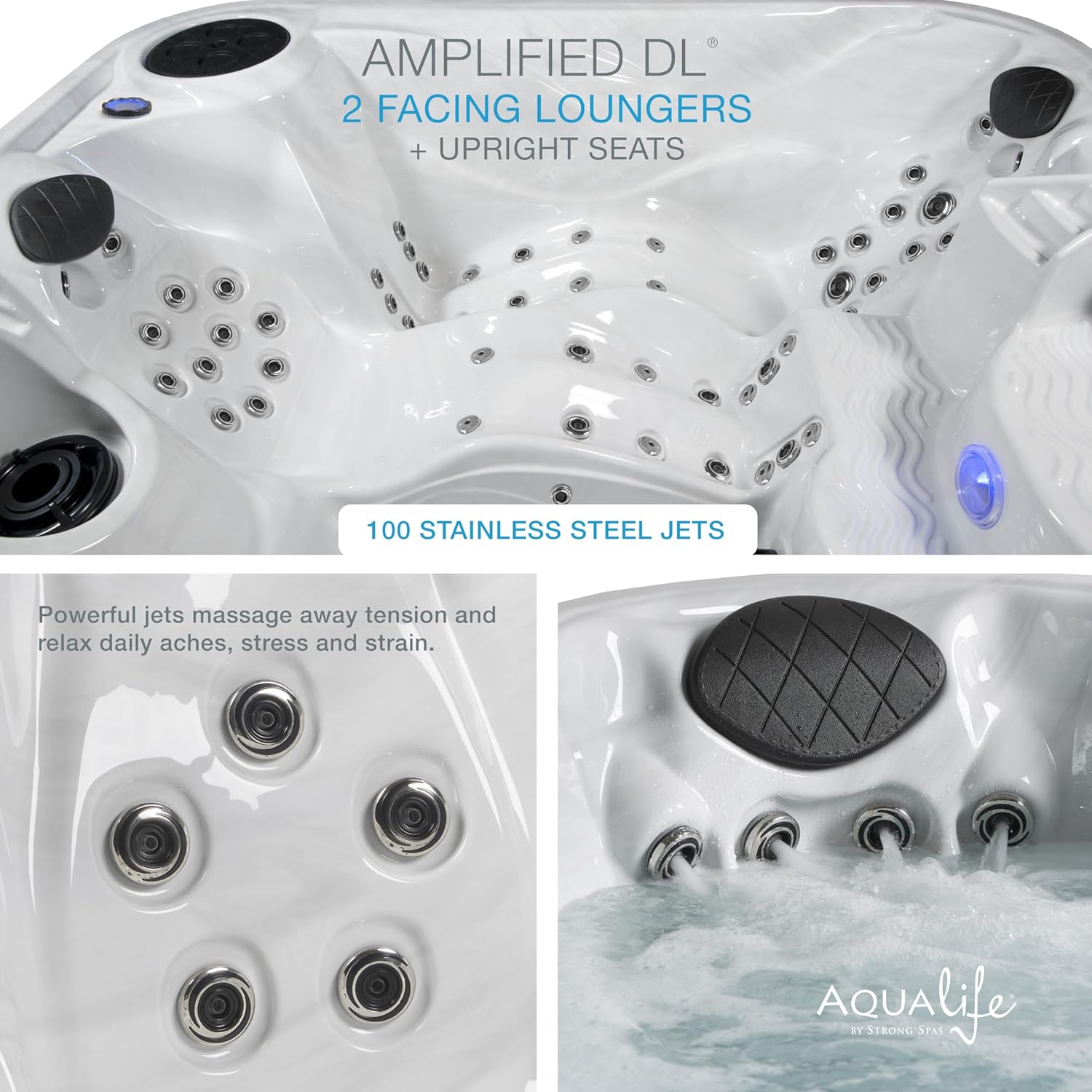 AquaLife Amplified™ 6-Person 100-Jet Acrylic Double Lounger Hot Tub with Bluetooth Stereo, LED Lighting, Insulated Cover, Stainless Steel Heater and Ozonator