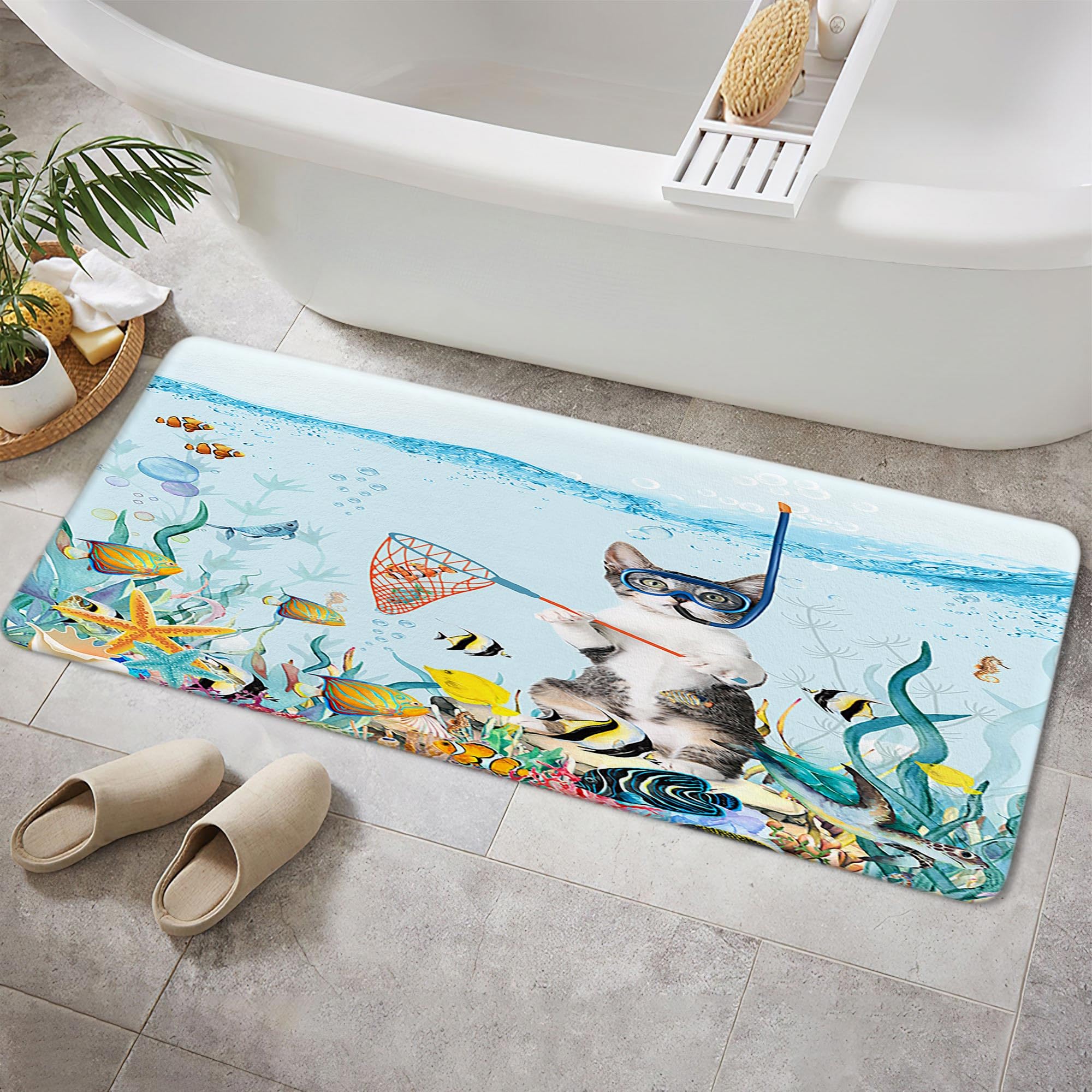Viajar Funny Cat Bathroom Rugs, Ocean Sea Animal Bath Rugs, Teal Blue Sea Ocean Bath Mat with Animal Octopus Starfish Turtle Bathroom Rugs, Tropical