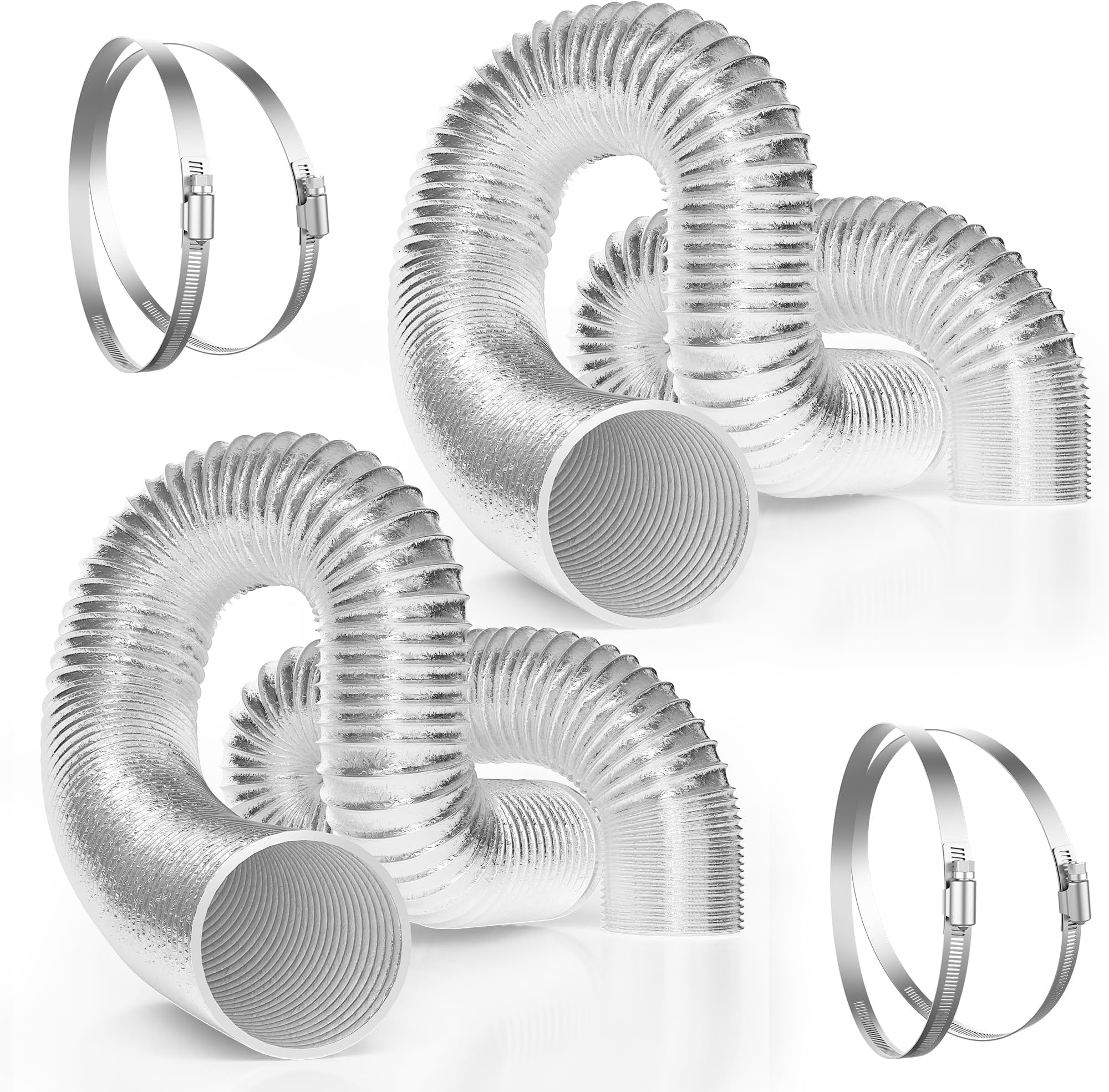 2-Pack 6 Inch 8 Feet Non-Insulated Flex Air Aluminum Ducting for HVAC Ventilation, 4 Clamps Included