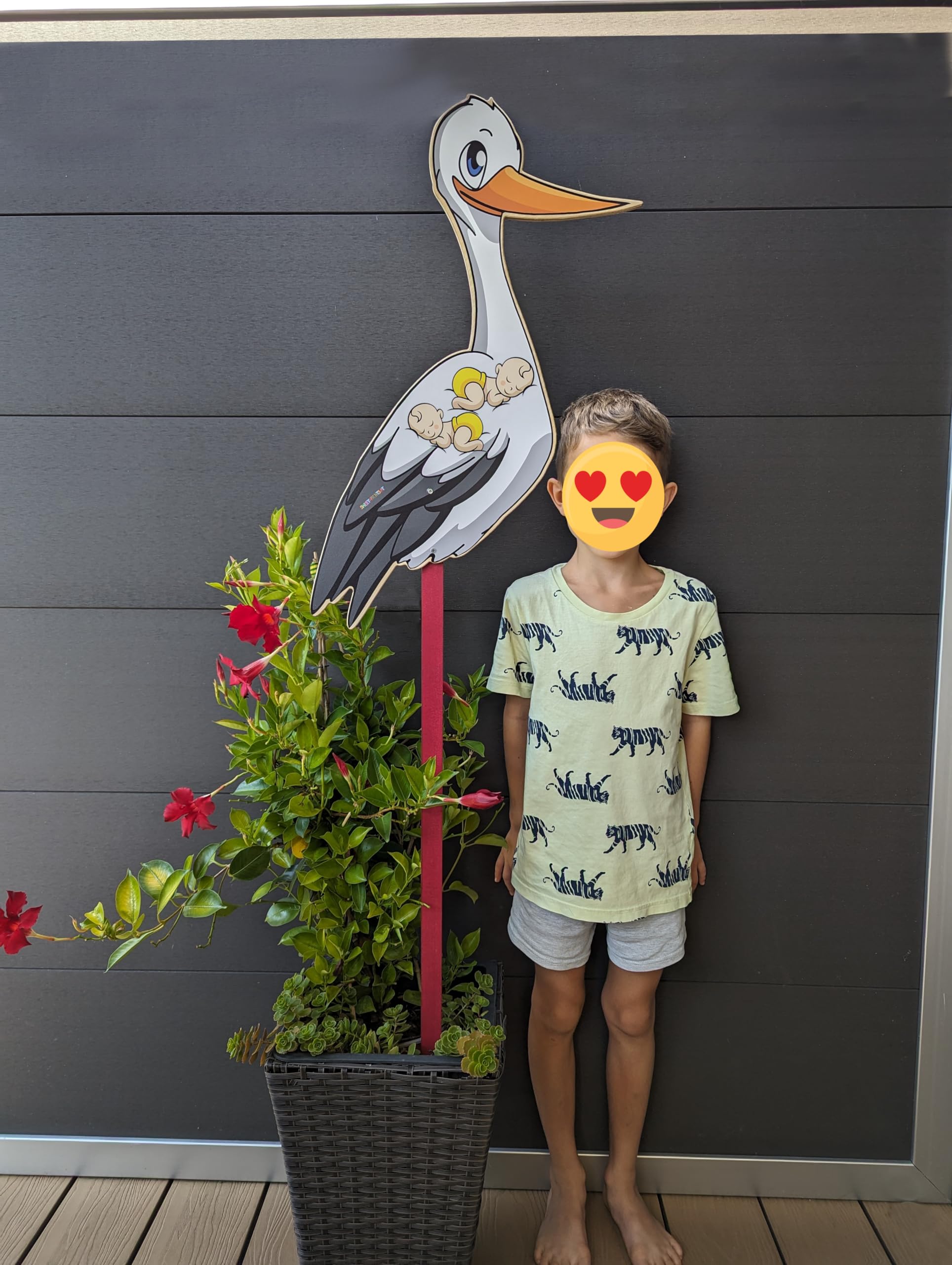 140 cm - Babystorch für ZWILLINGE Geburt GELB 2 Babys (Druck: ZWEISEITIG*) | Süßer, kleiner Klapperstorch für draußen, Storch zur Geburt
