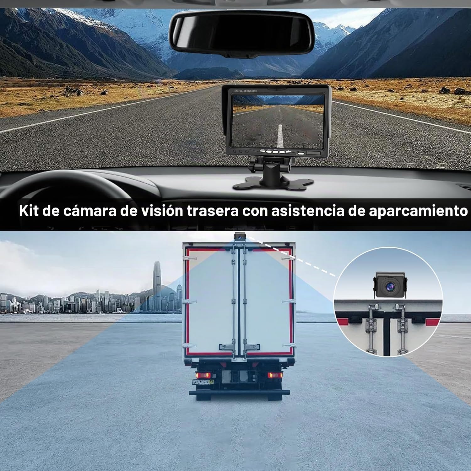 Juego de cámara de visión Trasera con Pantalla Trasera HD de 7 Pulgadas, IP69, Resistente al Agua, visión Nocturna, para Bus/RV/Camión/Remolque/Camioneta/SUV/Caravana.