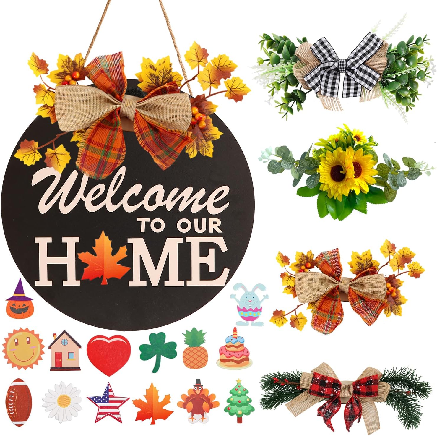 Interchangeable Welcome Sign for Front Door with 4 Seasonal Wreath and 14 Changeable Icons, Home Sweet Home for Spring Summer Fall Winter All Seasons Holiday, Rustic Round Wood Wreath Door Decoration
