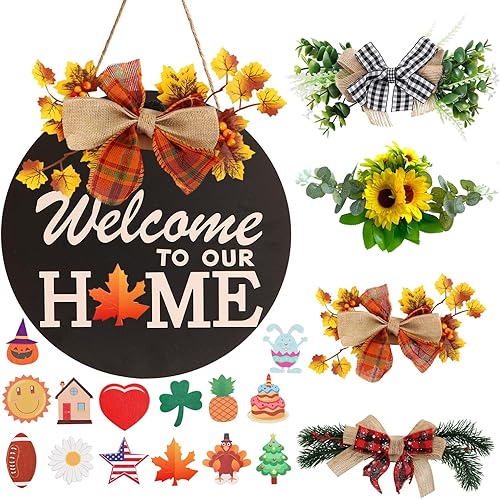 Letrero de bienvenida intercambiable para decoración de puerta delantera con 4 coronas de temporada y 14 iconos de vacaciones, gancho de puerta de