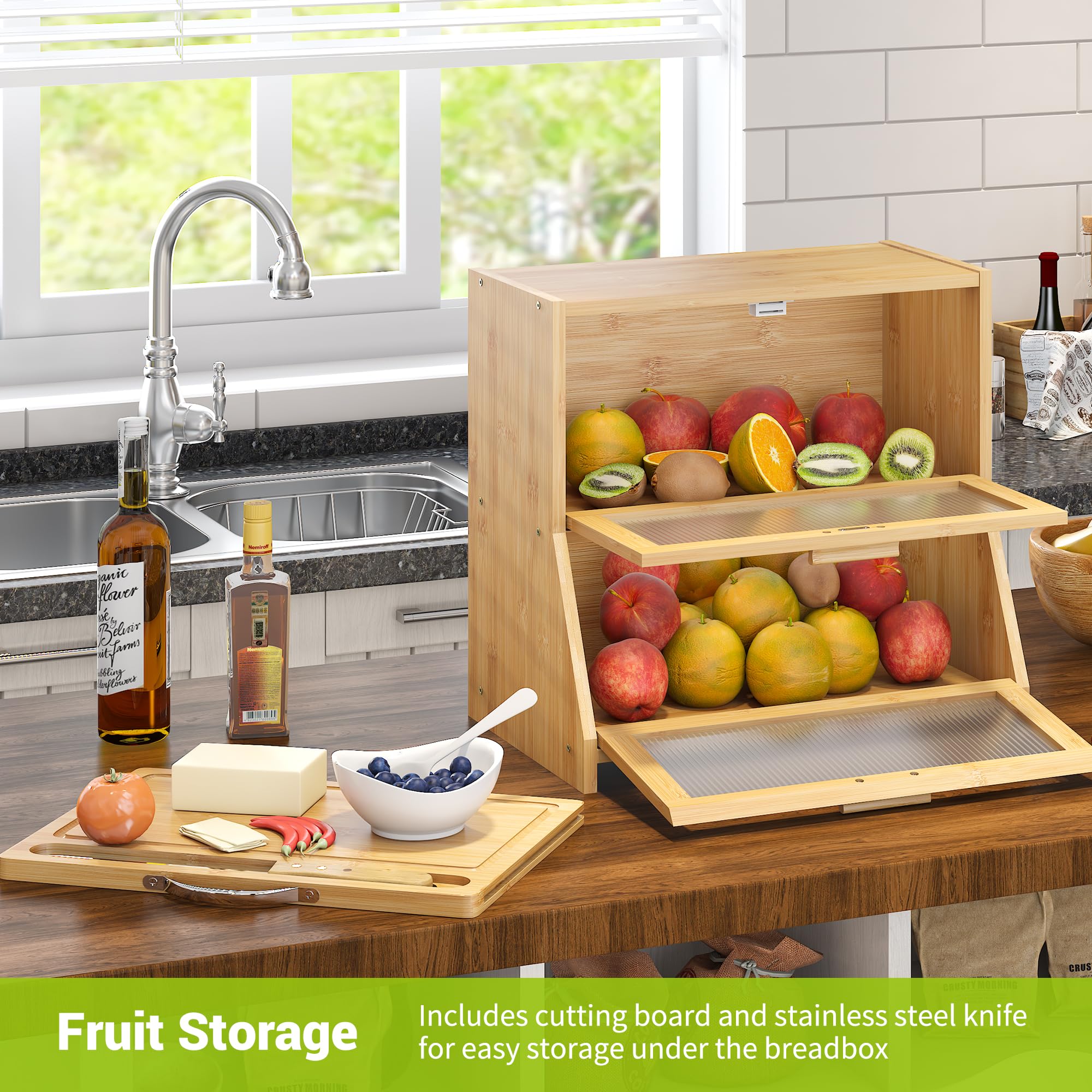 BMOSU Bamboo Bread Box with Cutting Board -5