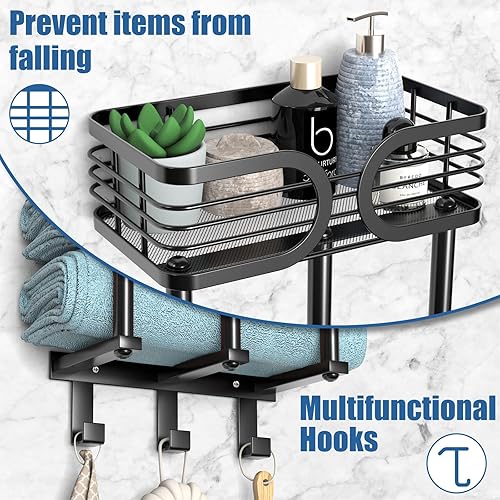 Miniatura 2 de Toalleros para baño, toallero para baño montado en la pared con estante y 3 ganchos, toallero de baño, puede contener hasta 6 toallas de baño