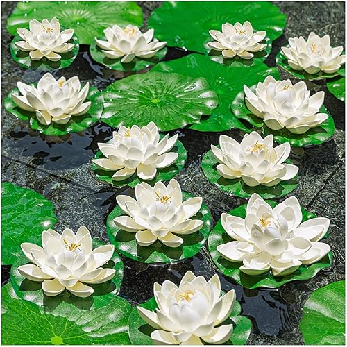 Miniatura 7 de WhistenFla 16 flores flotantes artificiales para piscina, 7 y 4 pulgadas, almohadillas de lirio de agua falsas, flores de loto, decoraciones