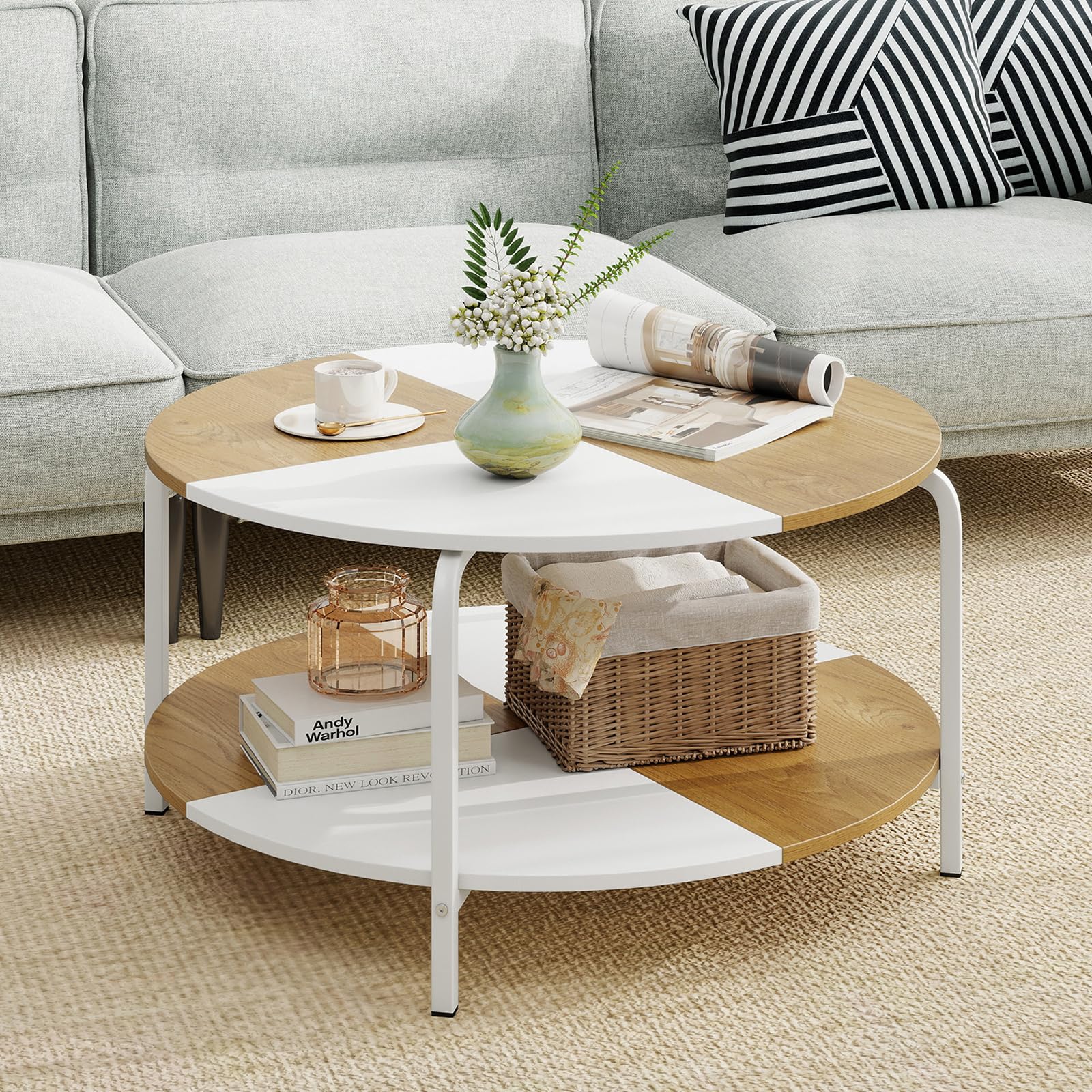 GOFLAME Round Coffee Table 2-Tier Modern Center Table with Open Storage Shelf Split-Color Wooden Top Metal Frame 31