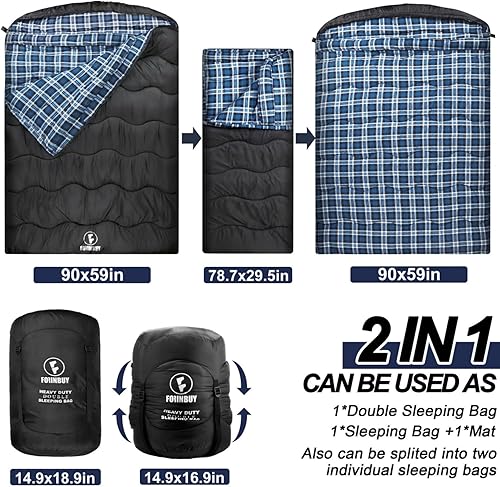 Miniatura 5 de Saco de dormir doble de franela de algodón para invierno, saco de dormir tamaño Queen para adultos, saco de dormir impermeable para clima frío, para