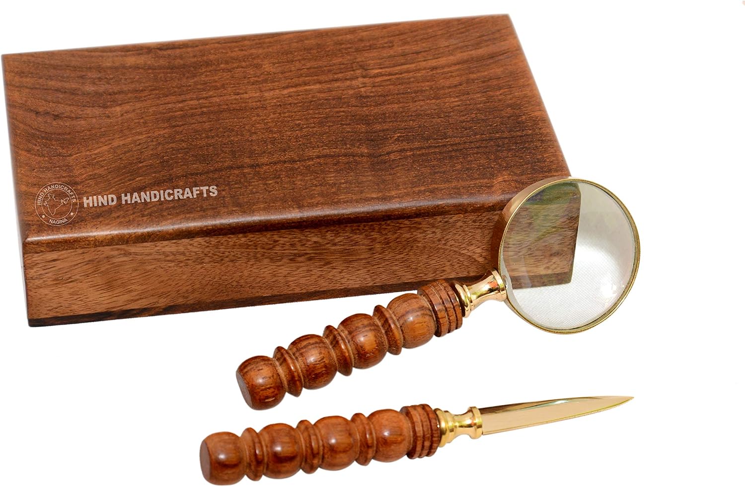 Handheld Magnifier with 3 inch Premium Brass Framed Magnifying Glass with Wooden Handmade Handle | Office Ware Decorative Zooming Lens by Hind Handicrafts (Design 2)