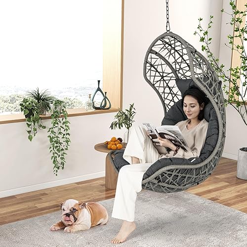 Miniatura 2 de Giantex Swing Egg Chair Outdoor - PE Rattan Hammock Chair with Soft Pillow, Cushion, Metal Frame, Hanging Accessories, Indoor Basket Chair for