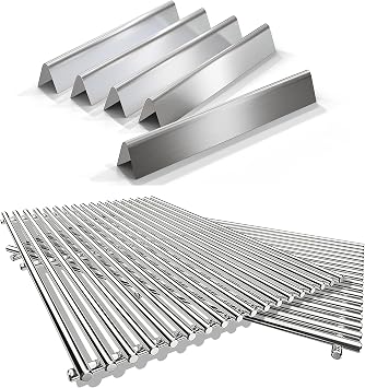 QuliMetal 19.5" SUS304 /9MM Cooking Grates and 17.5 Inches Flavor Bars for Weber Genesis 300 Series with Front Control Knobs, 7528 7620 Grill Parts Replacement Kit