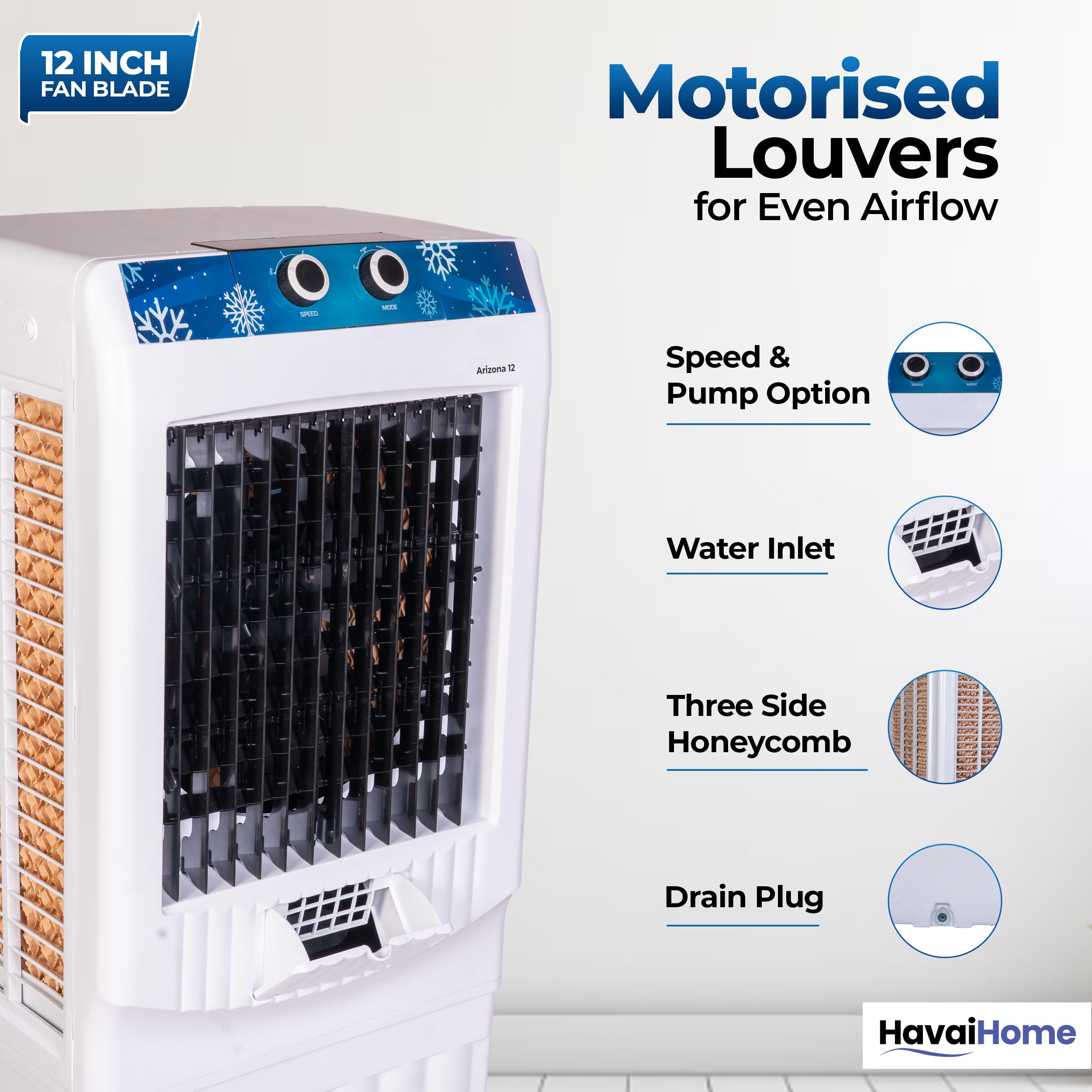 Havai Arizona 12 Personal Air Cooler | 60L Water Tank | 12-Inch High-Speed Fan | Air Throw up to 8 Feet | 2000 m³/hr Air Delivery | 3-Side Honeycomb Pads | Motorised Louvers | 120W | White 2
