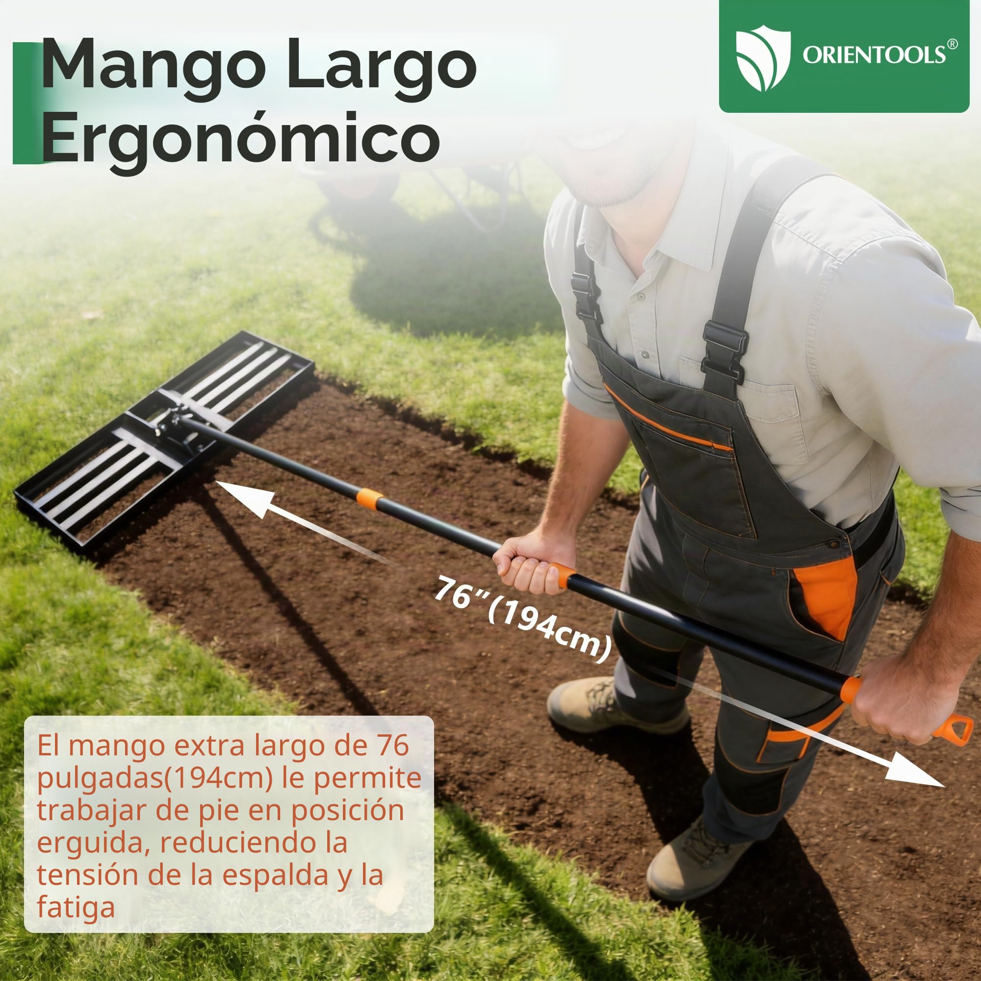 ORIENTOOLS Rastrillo nivelador de césped, 44 cm de ancho x 206 cm de alto, negro, 4,9 kg