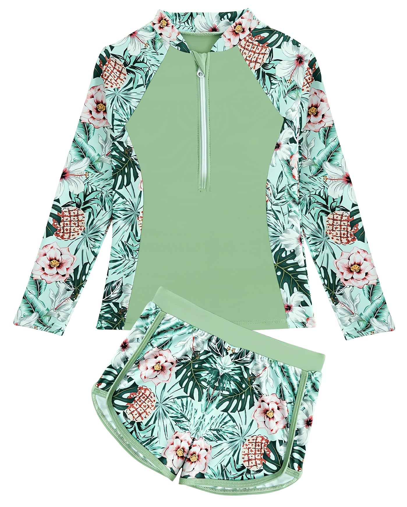 Girls Long Sleeve Rash Guard 2-Piece Swimsuit Teen Tankini Bathing Suits with Shorts Quick Dry Summer Beach Swimwear Cute Printed Swim Set 13-14Y Green