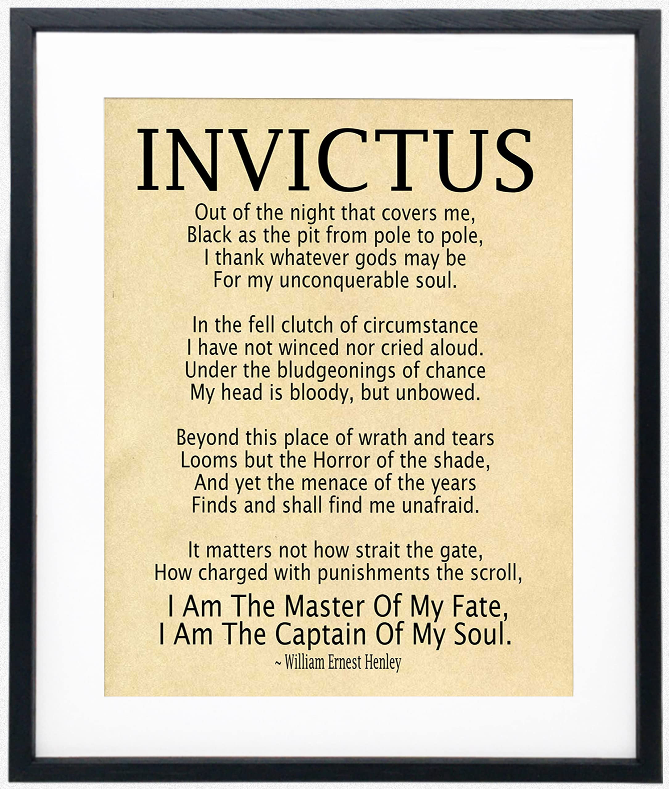 Invictus Poem Framed Art Print by William Ernest Henley/Invictus Inspirational Poem Quotes Home Decor, Motivational Gift Poster/Bedroom Poster/Home Office Positive Wall Art (Parchment)