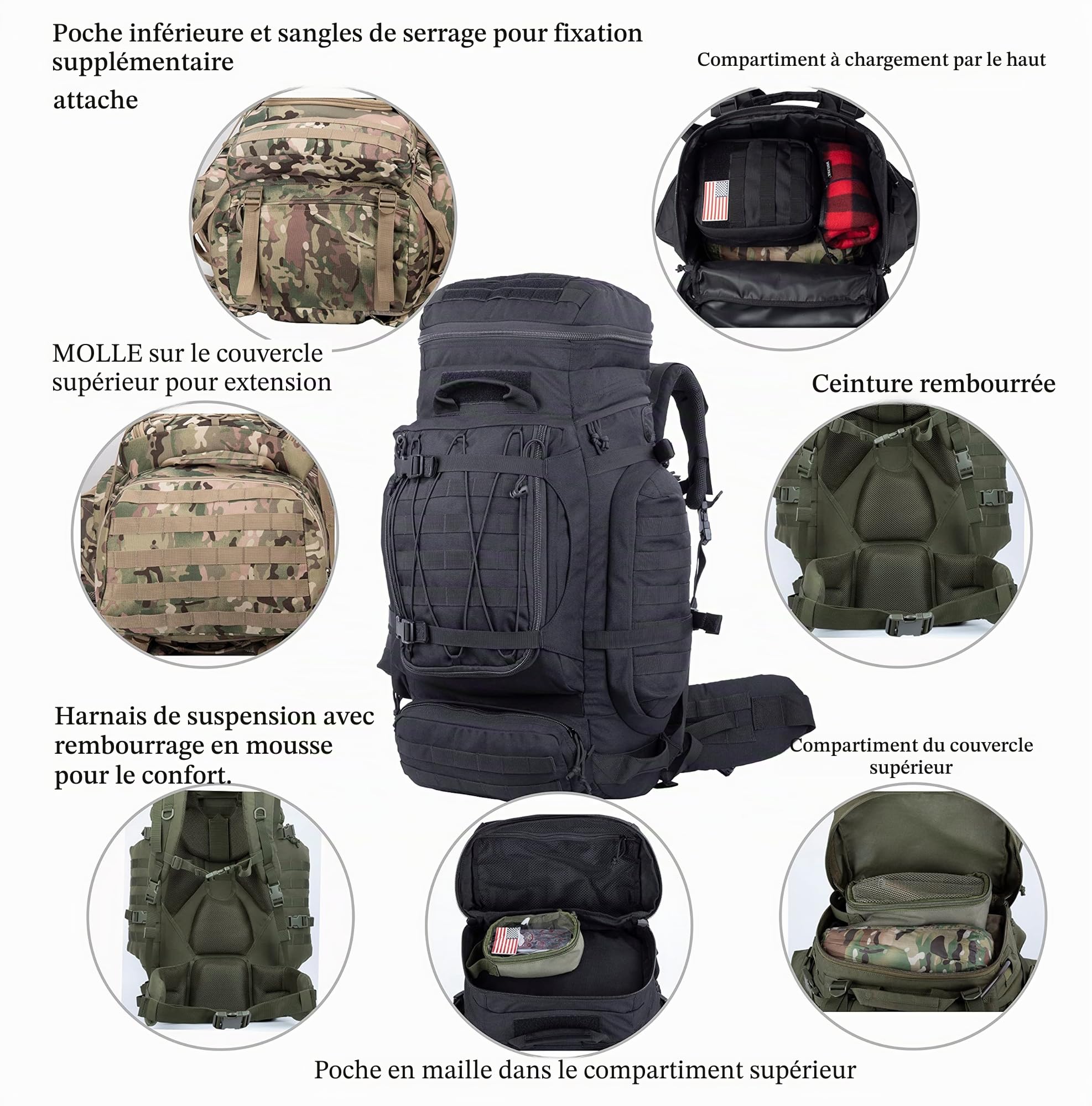 Grand Sac à Dos Tactique Militaire avec Cadre Interne d'hydratation et Molle Compatible pour Le Camping, la Chasse, la randonnée et L'Aventure Sauvage 80 l