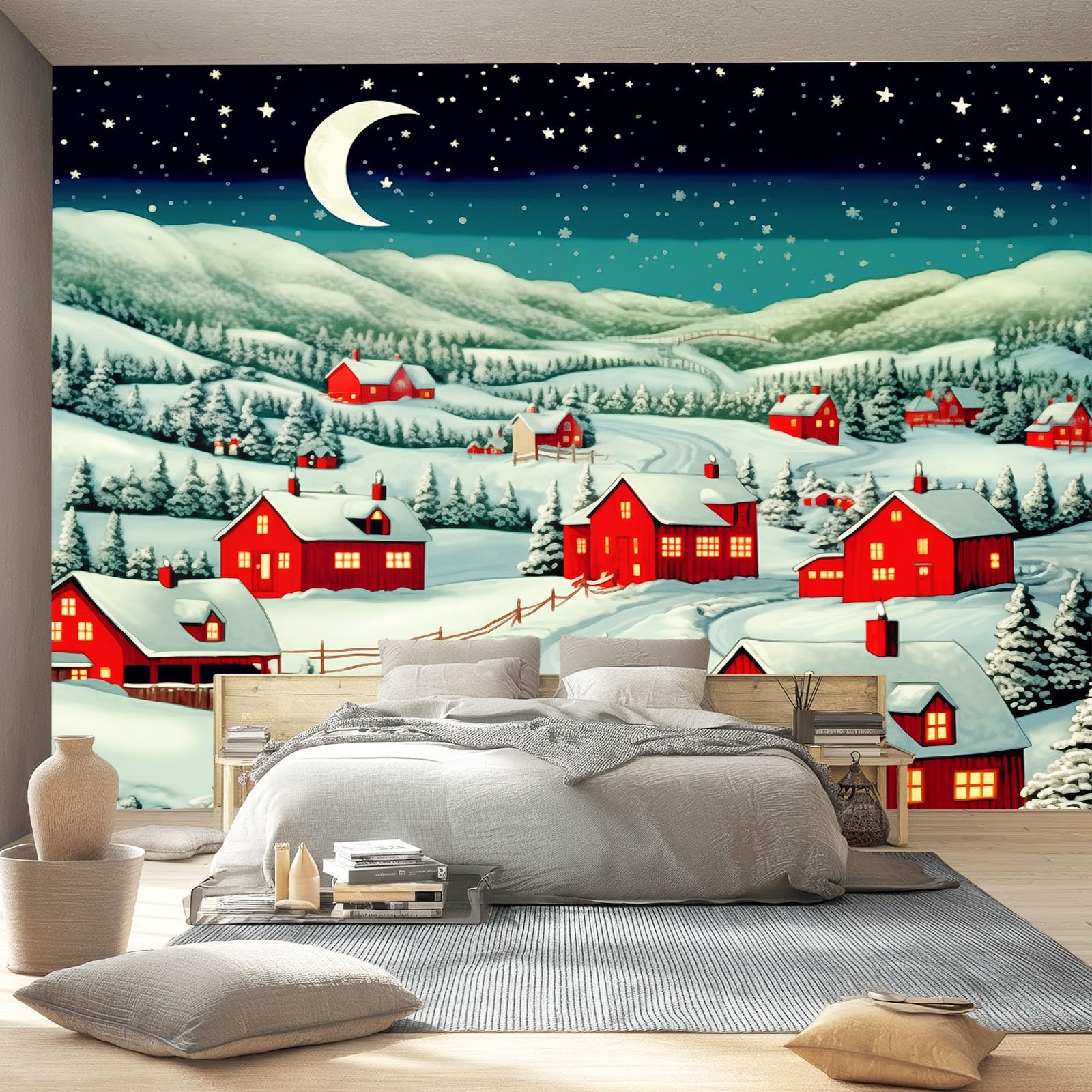 Tapeta 3D z włókniny klasyczna świąteczna śnieżna scena 200 x 140 cm tapeta dekoracja ścienna do salonu sypialni ciemnoniebieska