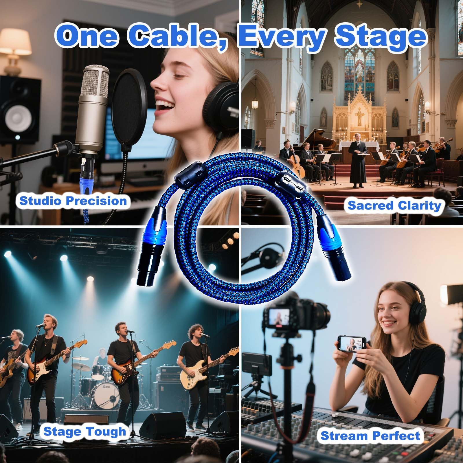 Professional 10ft XLR Microphone Cable Nylon Braided with 2 Ferrite Beads, Dual Shielded Studio Mic Cord - Oxygen-Free Copper for Podcasting/Live Streams/Stage, Blue, 1-Pack