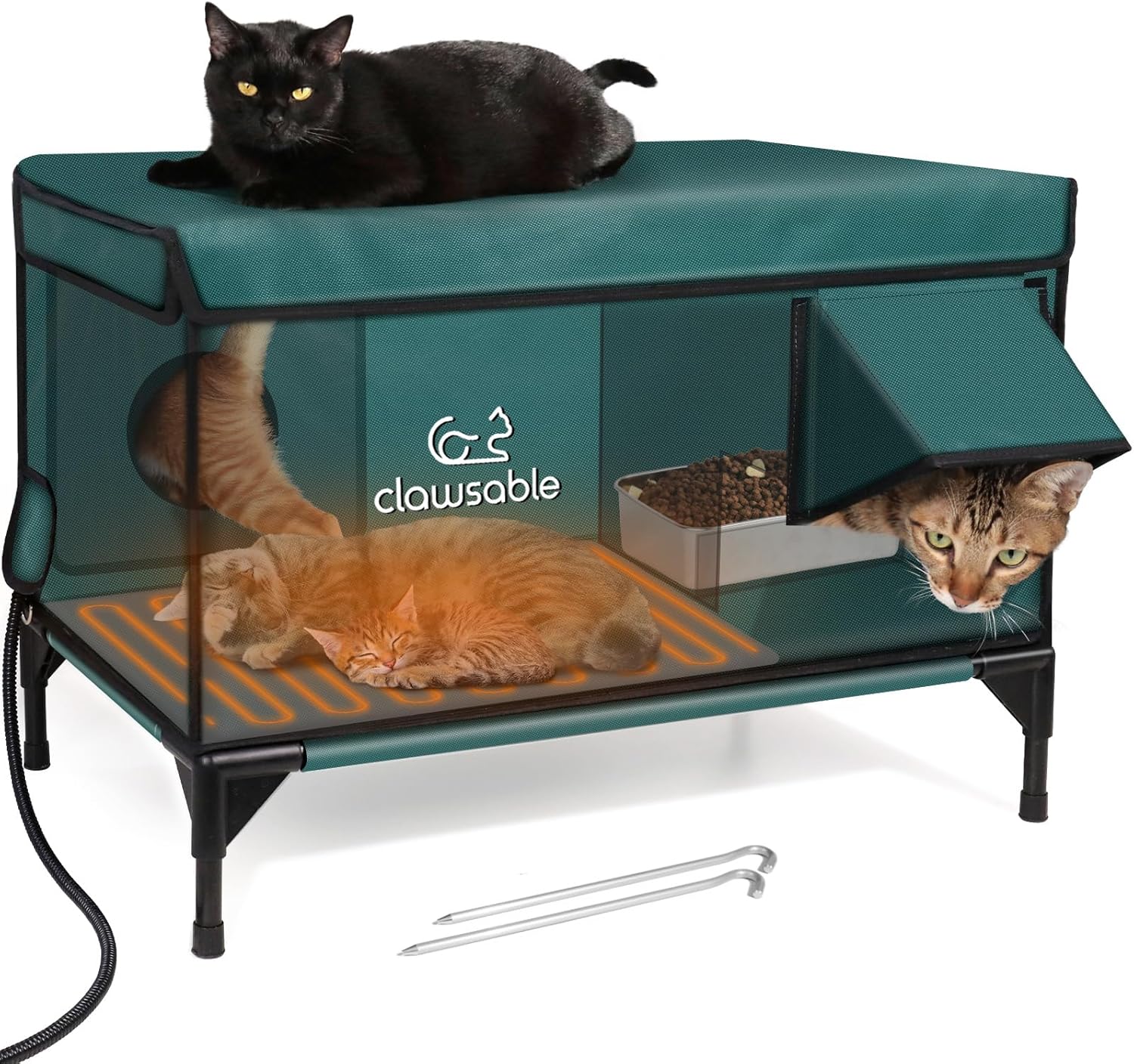 Heated Cat House for Outside, Weatherproof Cat House for Outdoor Cats with Awning, Insulated Outdoor Cat House with Heating Pad, Elevated Feral Cat Shelter for Strays Dark Green 28"x17"x20"