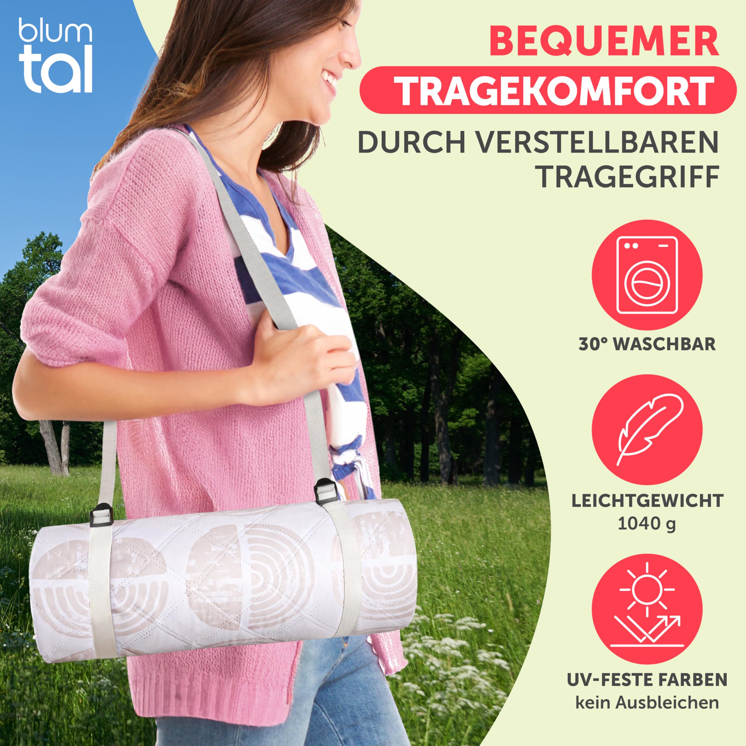 Blumtal Premium Picknickdecke wasserabweisend 200x200 cm Boho & TERRAZZO Design - waschbare Stranddecke sandfrei + weiche Zwischenfüllung - Outdoor Decke aus Oxford-Gewebe - Camping Decke bunt Boho