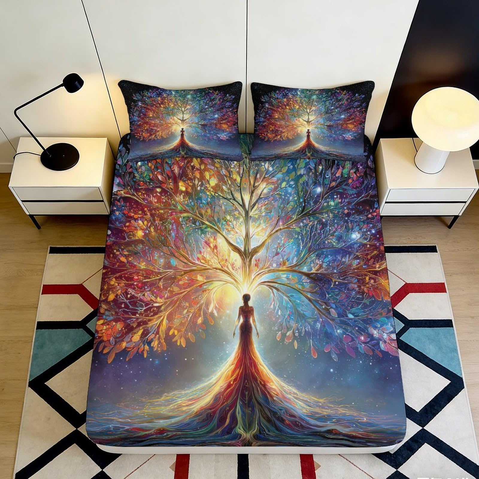 3D Printed Fantasy Tree Fitted Sheet Microfiber Soft Multicolor Dream Art Mattress Cover for Bedroom Dorm Decor 140x200x25cm