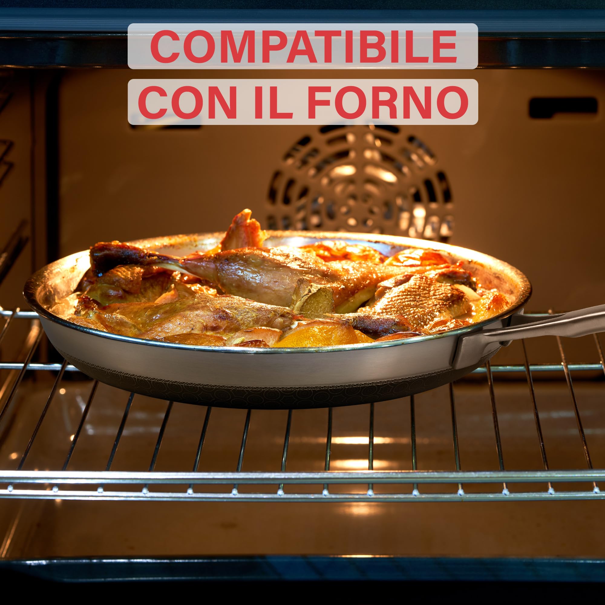 Padella Antiaderente Triplo Strato (Acciaio Inox + Alluminio) Diametro Ø 20 cm, Antigraffio, NO PFOA, Per Piano Cottura Induzione, Ceramica, Elettrico, Gas, Forno, Manico Anti Scottatura, Fry Pan